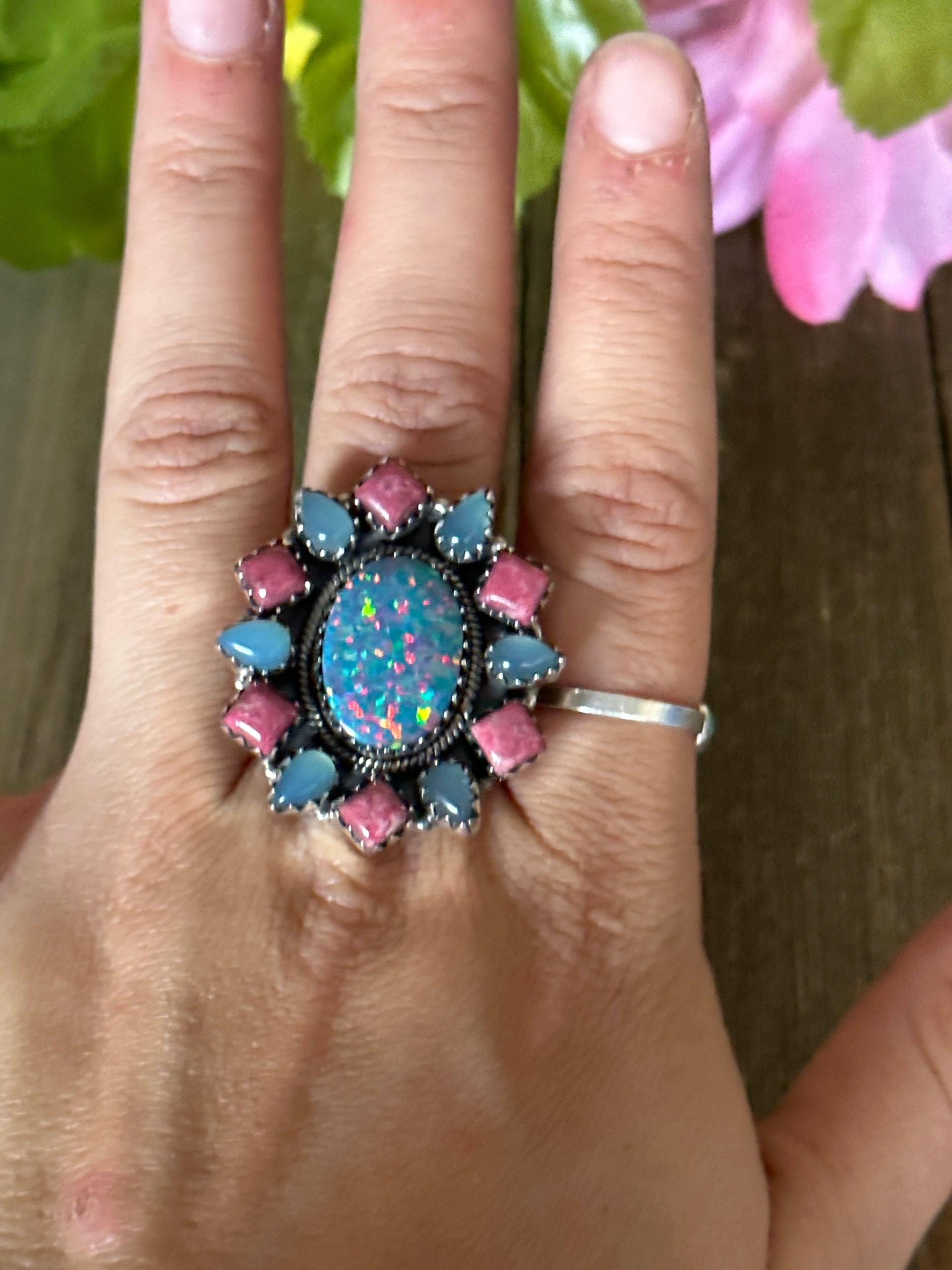 Southwest Handmade Multi Stone & Sterling Silver Adjustable Ring