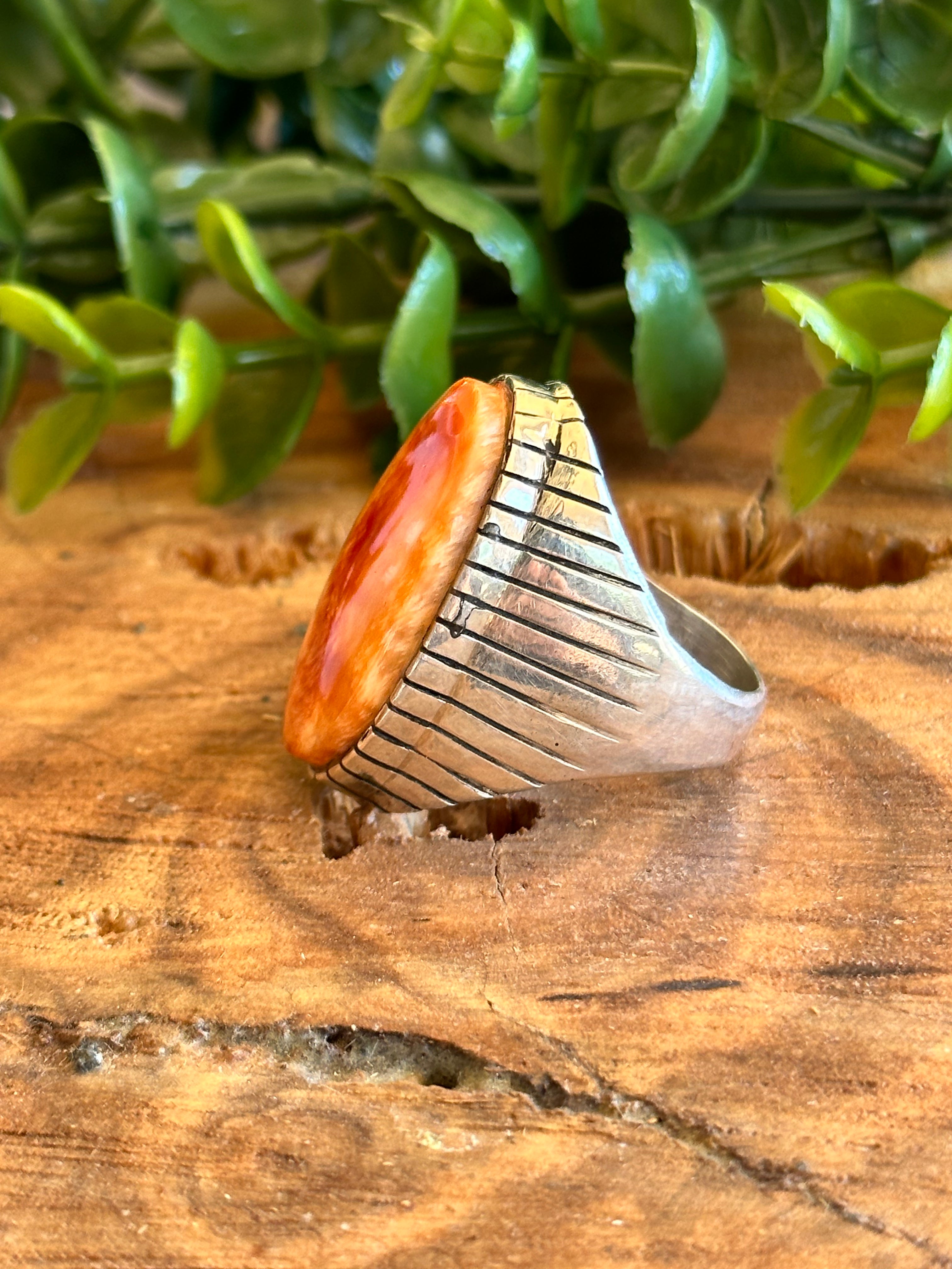 Ray Jack Spiny Oyster & Sterling Silver Ring Size 12.75