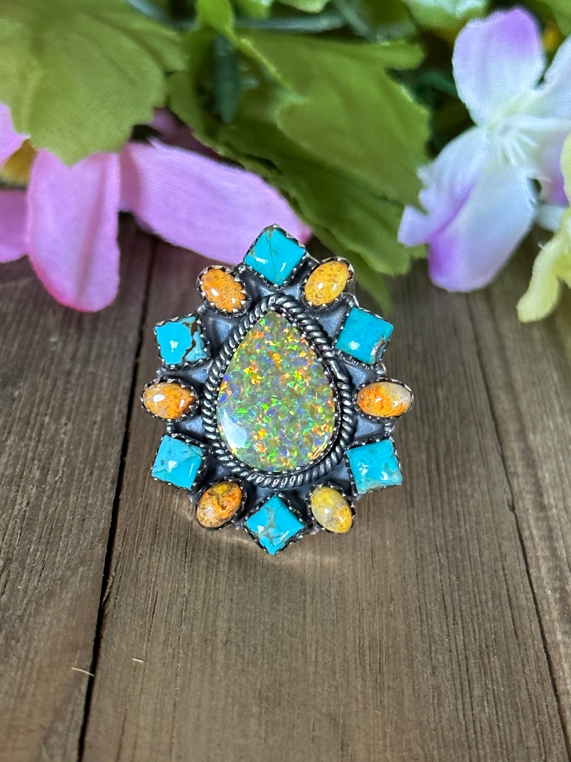 Southwest Handmade Multi Stone & Sterling Silver Adjustable Ring