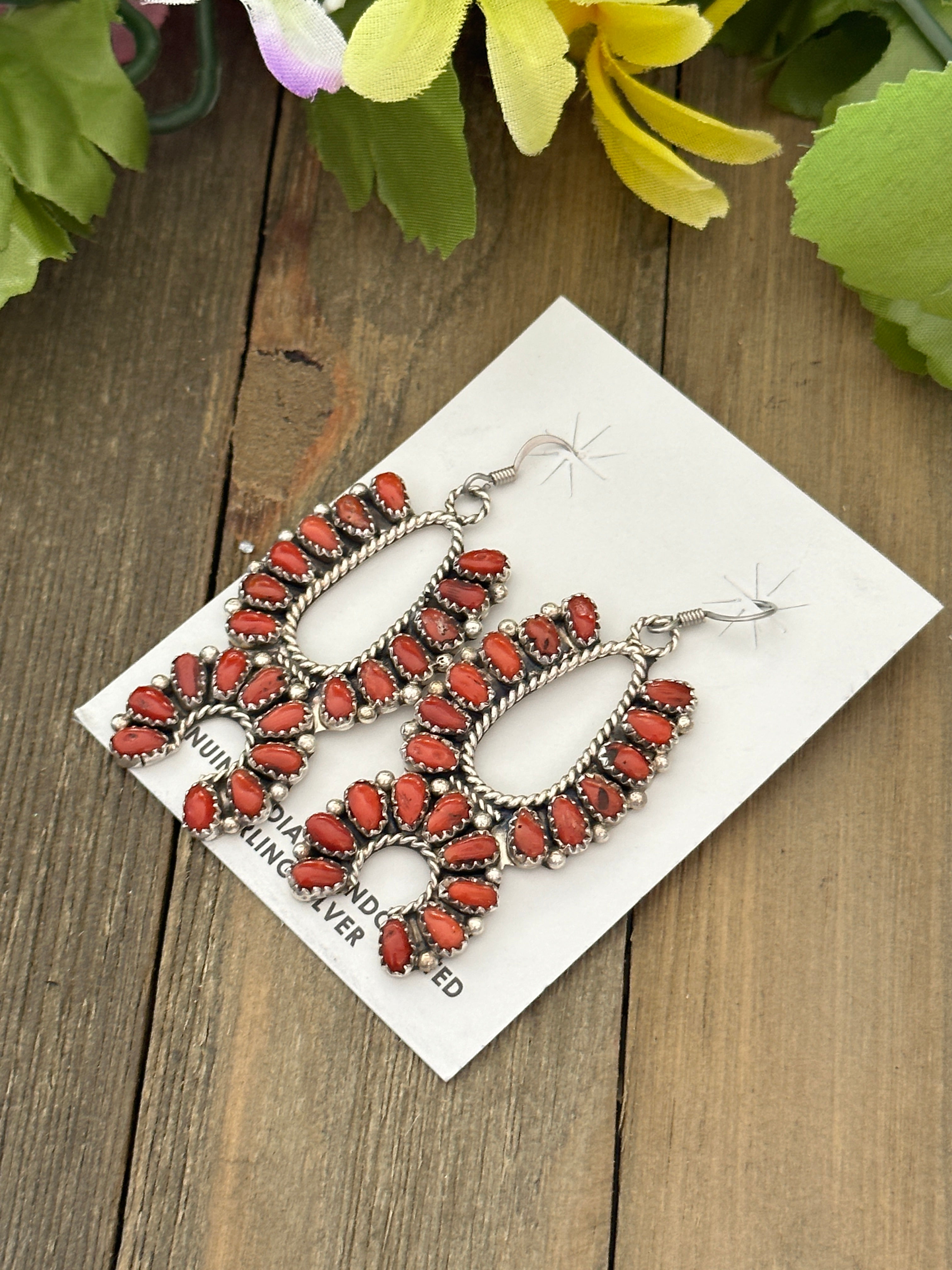 Navajo Made Mediterranean Coral & Sterling Silver Squash Dangle Earrings