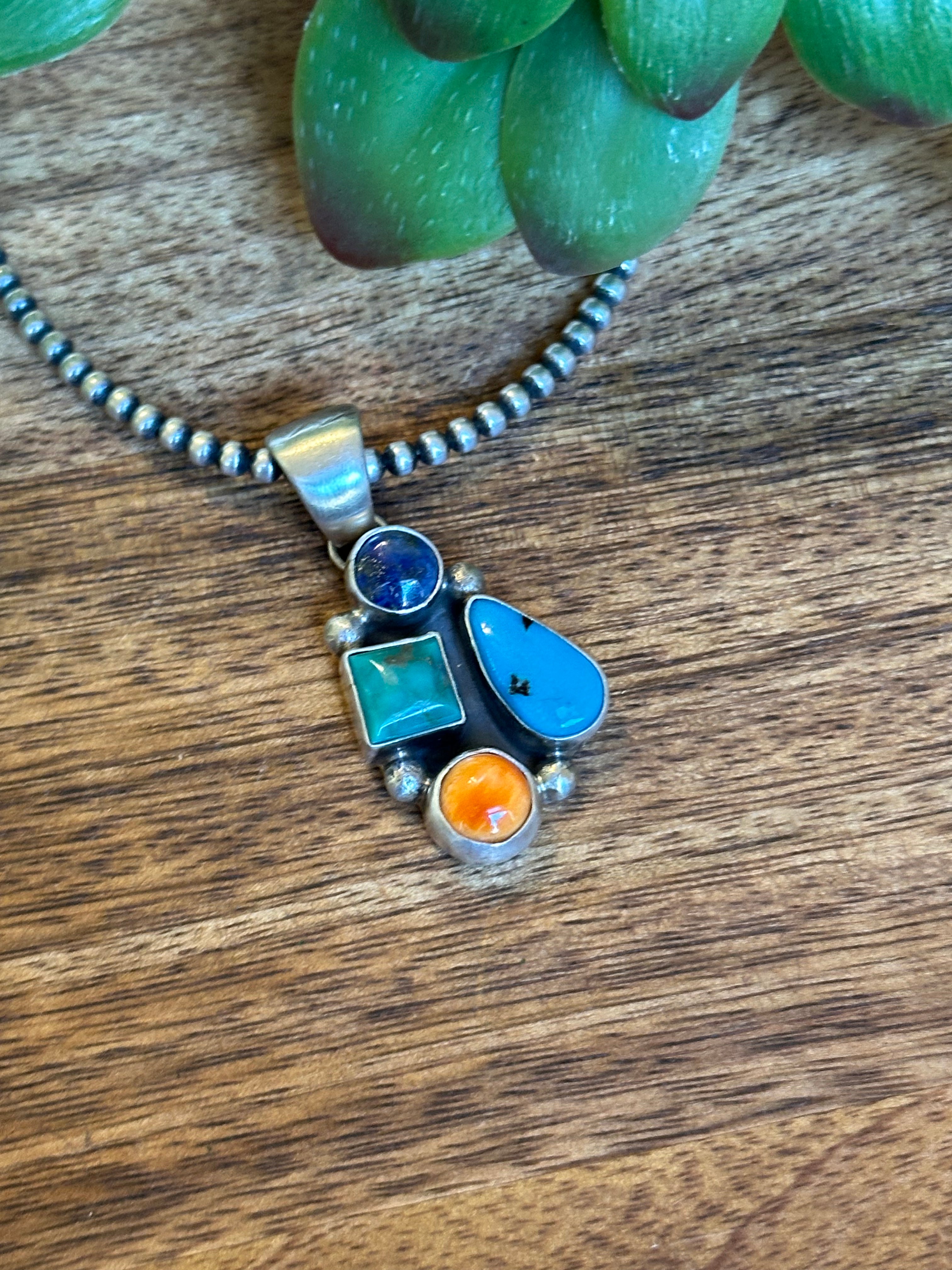 Navajo Made Multi Stone & Sterling Silver Pendant