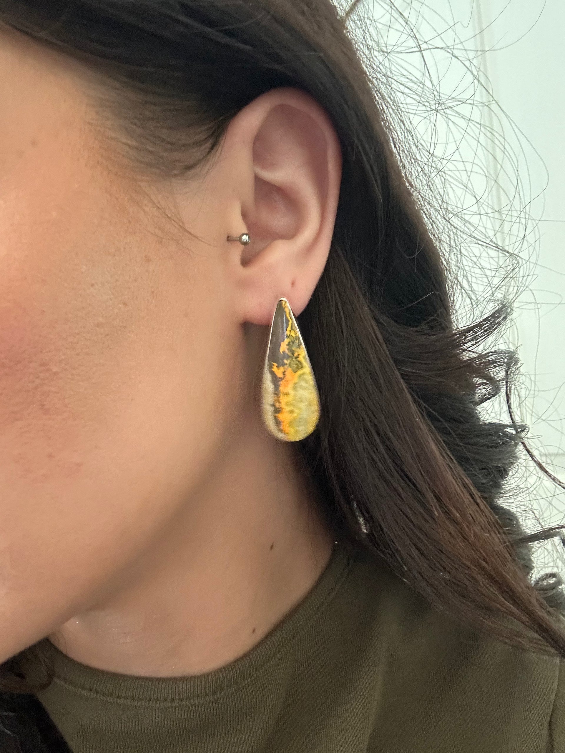 Navajo Made Bumblebee Jasper & Sterling Silver Post Dangle Earrings