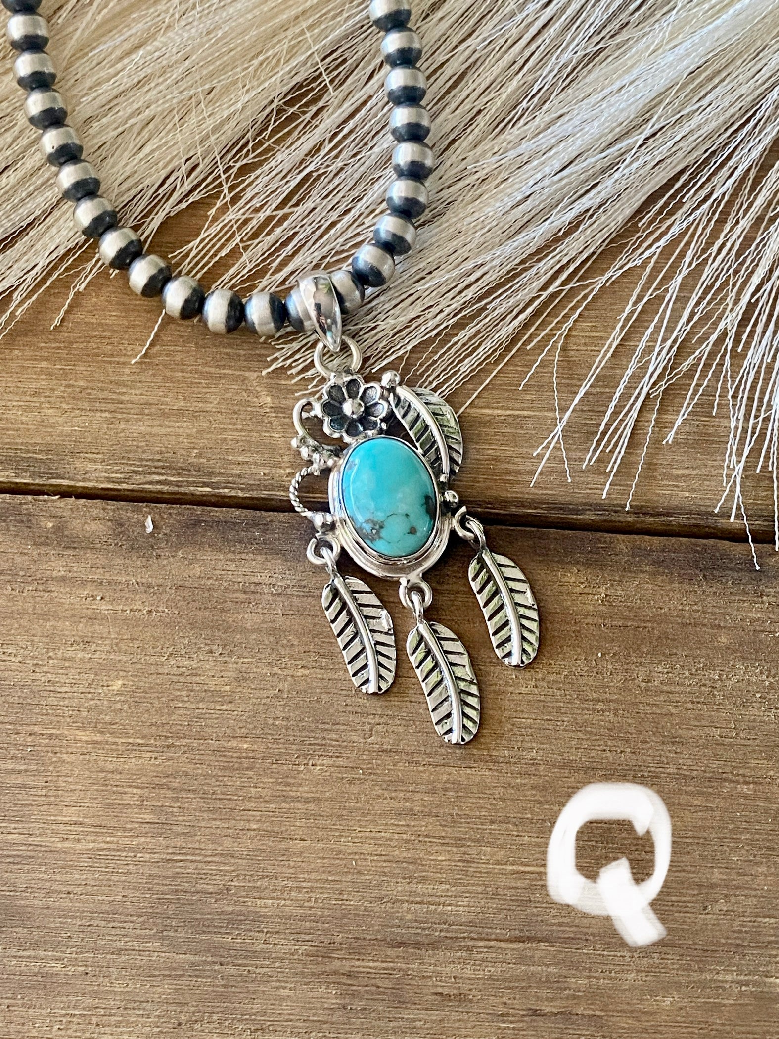 Southwest Handmade Kingman Turquoise & Sterling Silver Feather Pendant