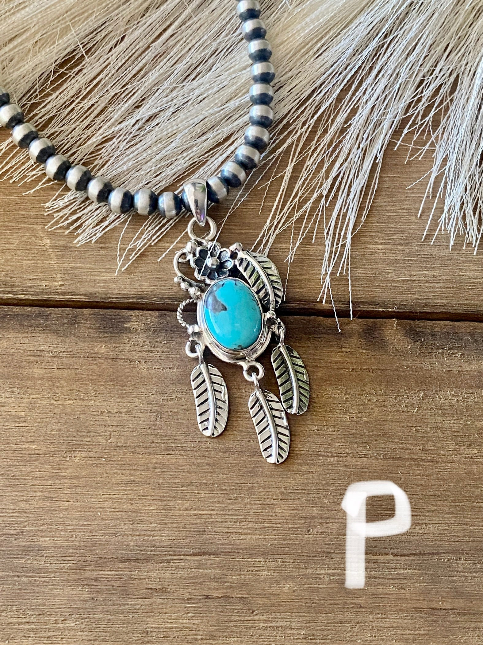 Southwest Handmade Kingman Turquoise & Sterling Silver Feather Pendant