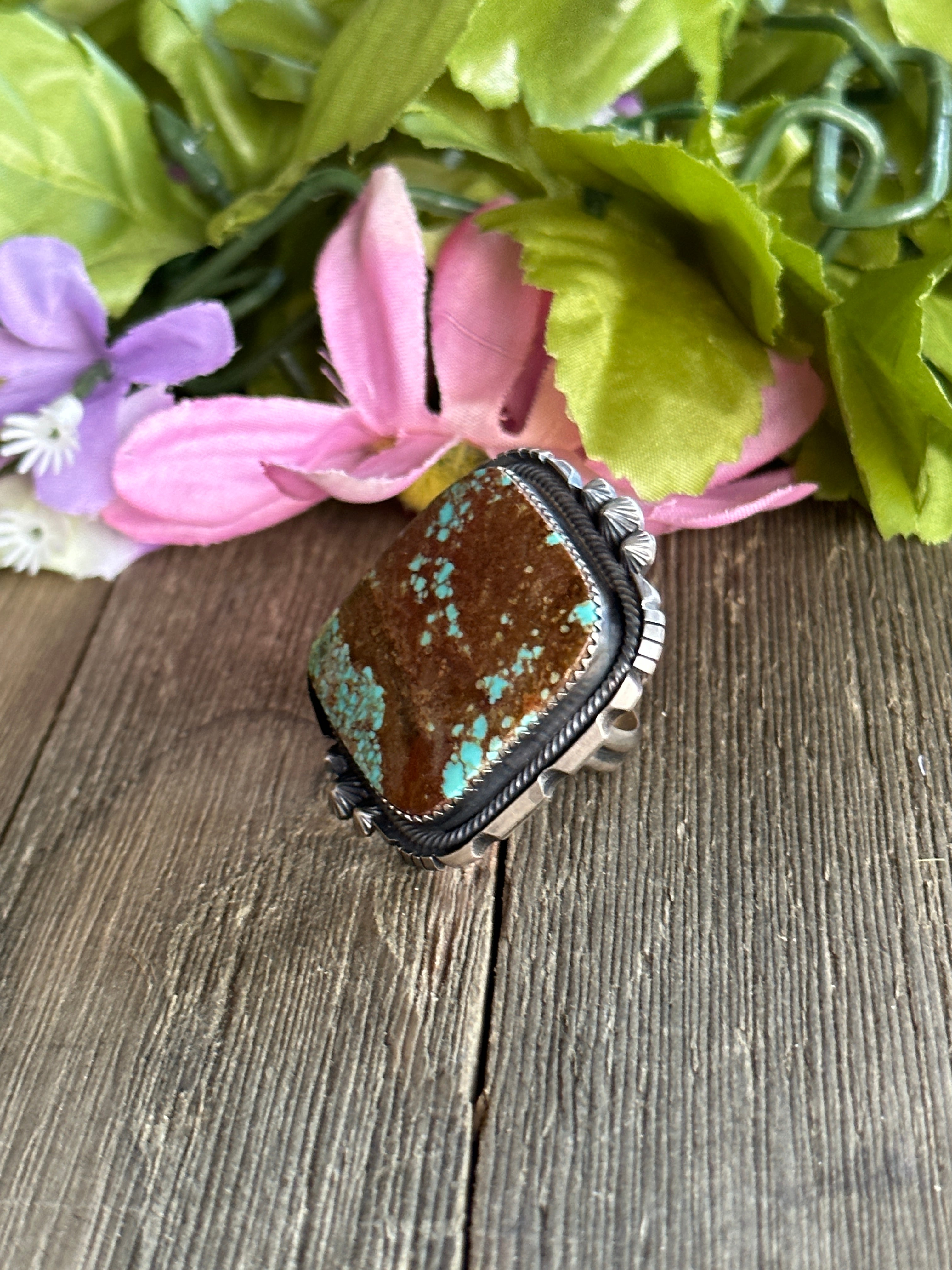 Navajo Made #8 Turquoise and Sterling Silver Adjustable Ring