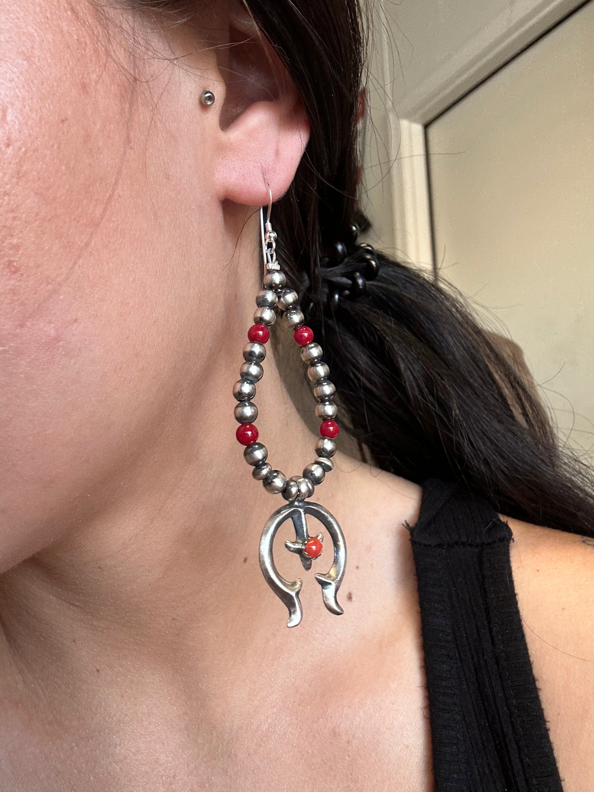 Navajo Made Coral & Sterling Silver Pearls Dangle Squash Blossom Earrings