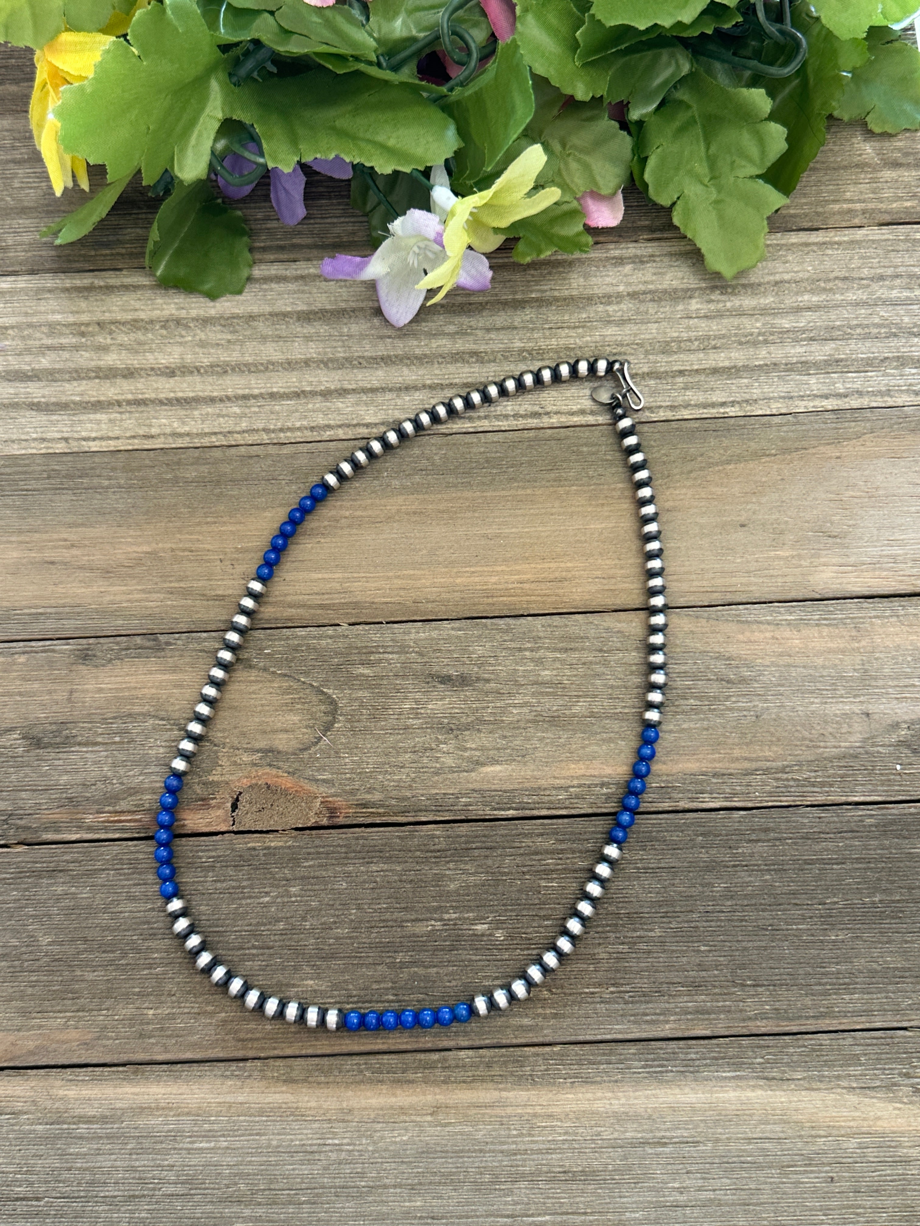 Navajo Strung Lapis & Sterling Silver 5 MM Pearl Necklace