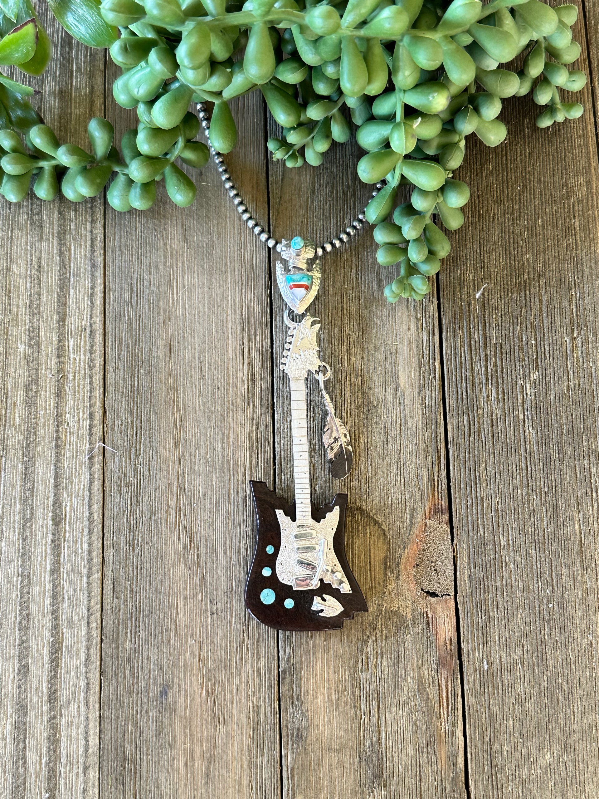 Navajo Made Multi Stone & Sterling Silver Inlay Guitar Pendant