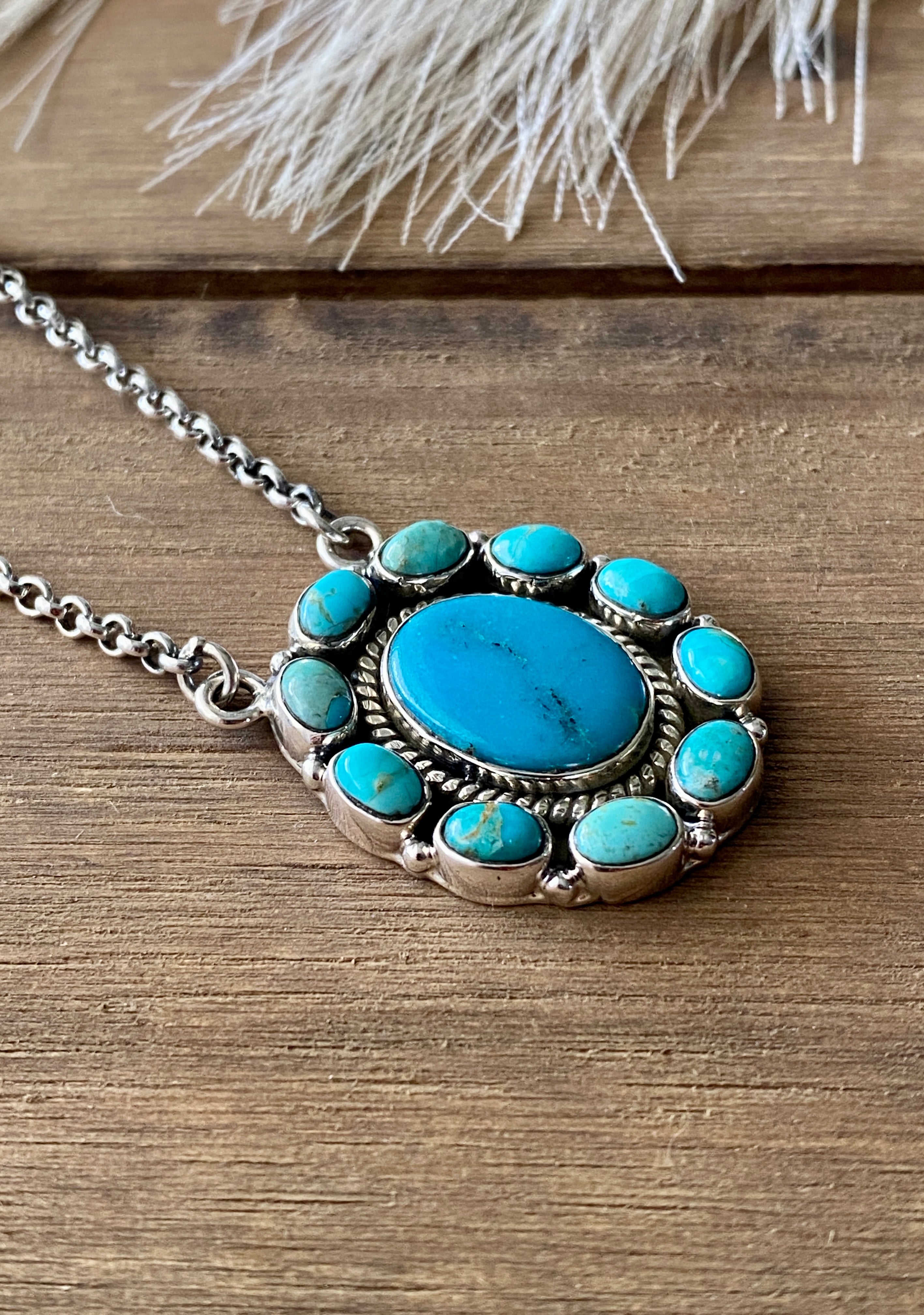 Southwest Handmade Kingman Turquoise & Sterling Silver Cluster Necklace