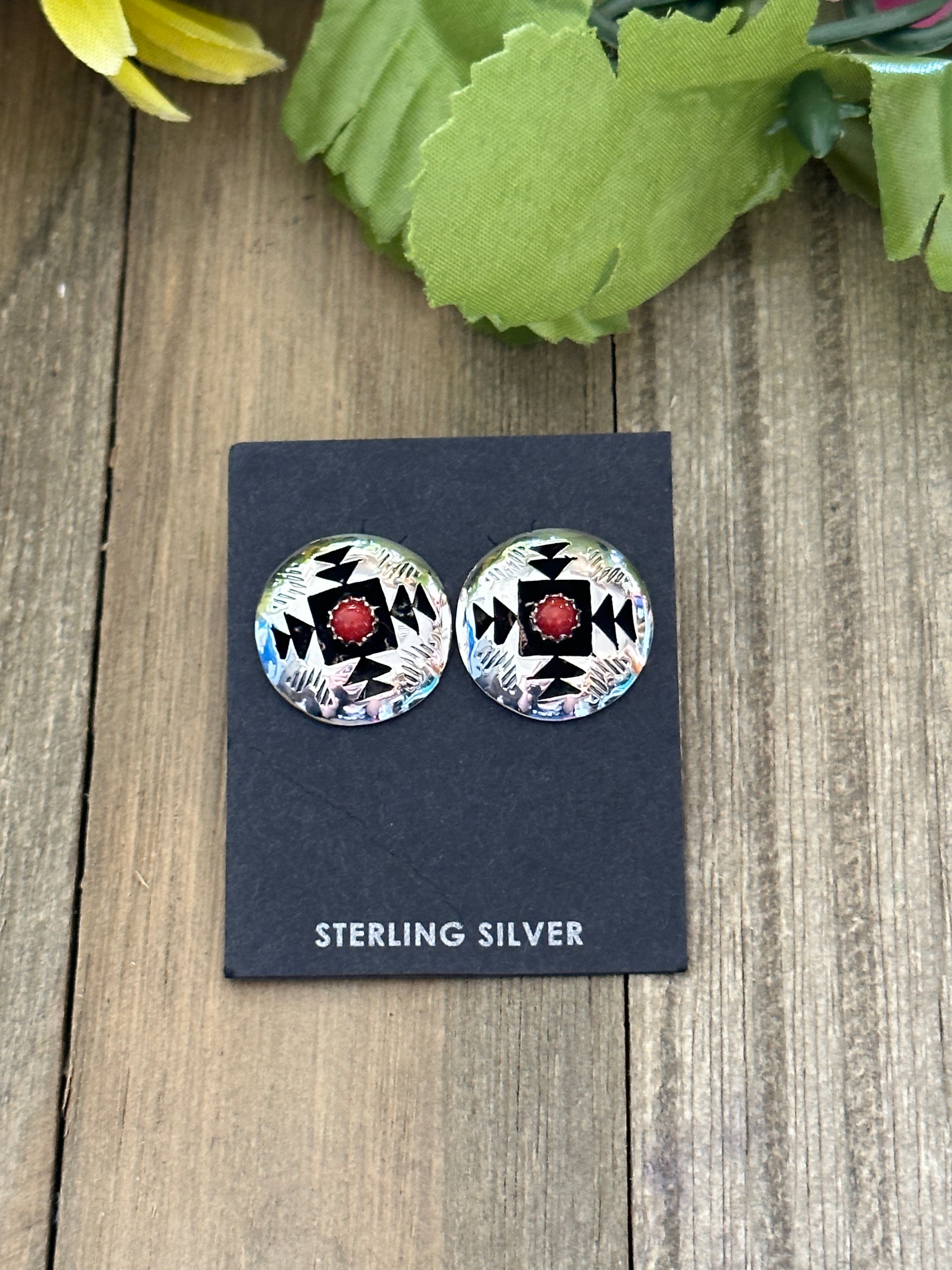 Navajo Made Coral & Sterling Silver Post Earrings