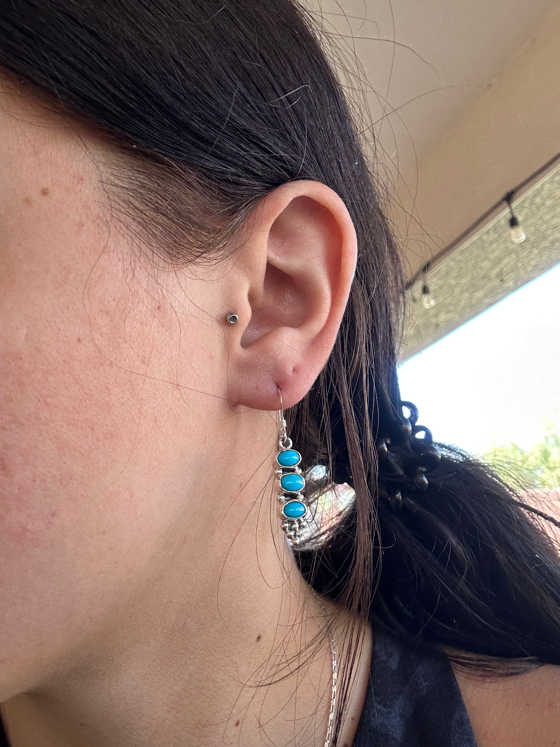 Navajo Made Kingman Turquoise Sterling Silver Dangle Earrings