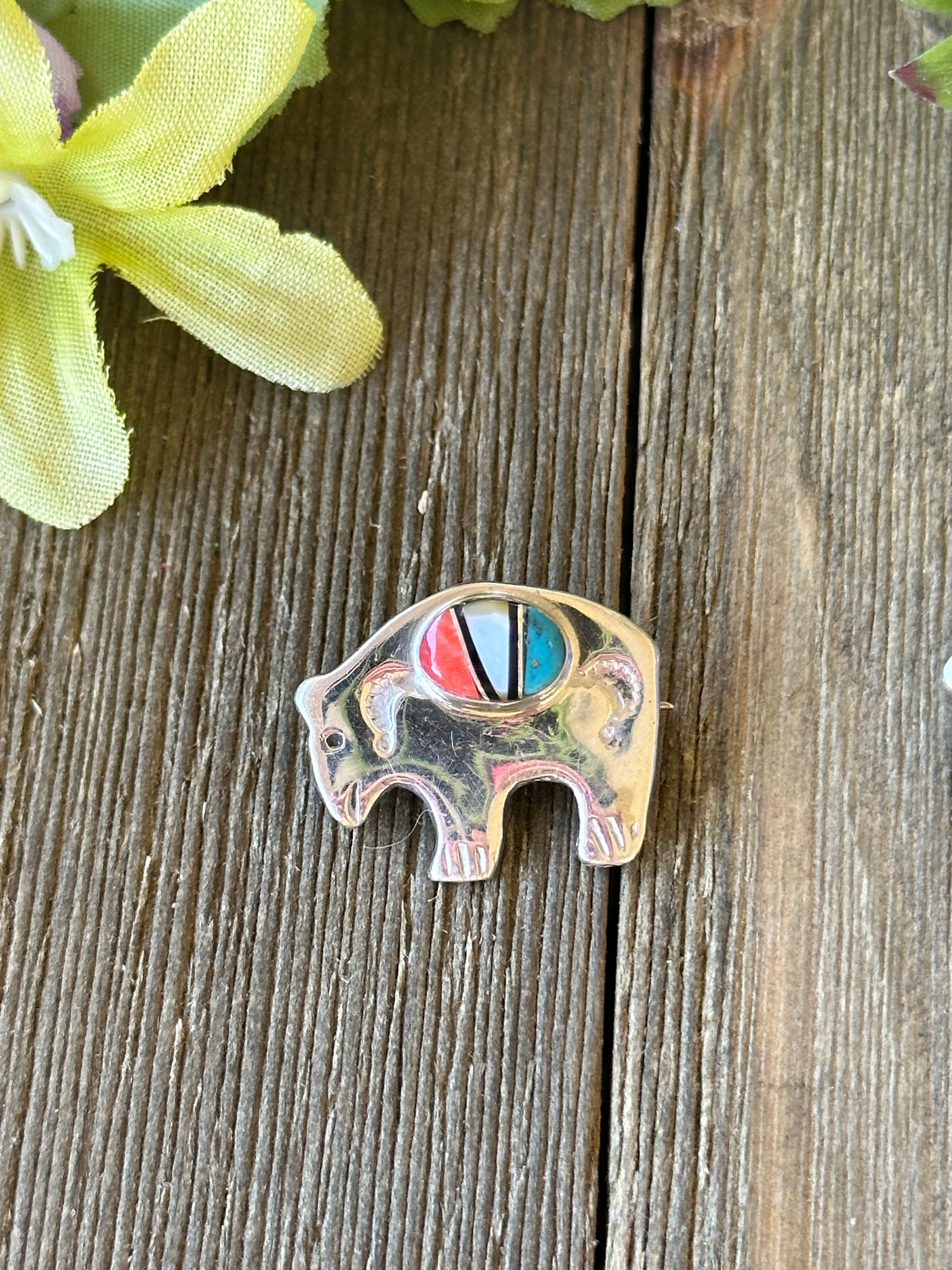 Navajo Made Multi Stone & Sterling Silver Bear Pin/Pendant