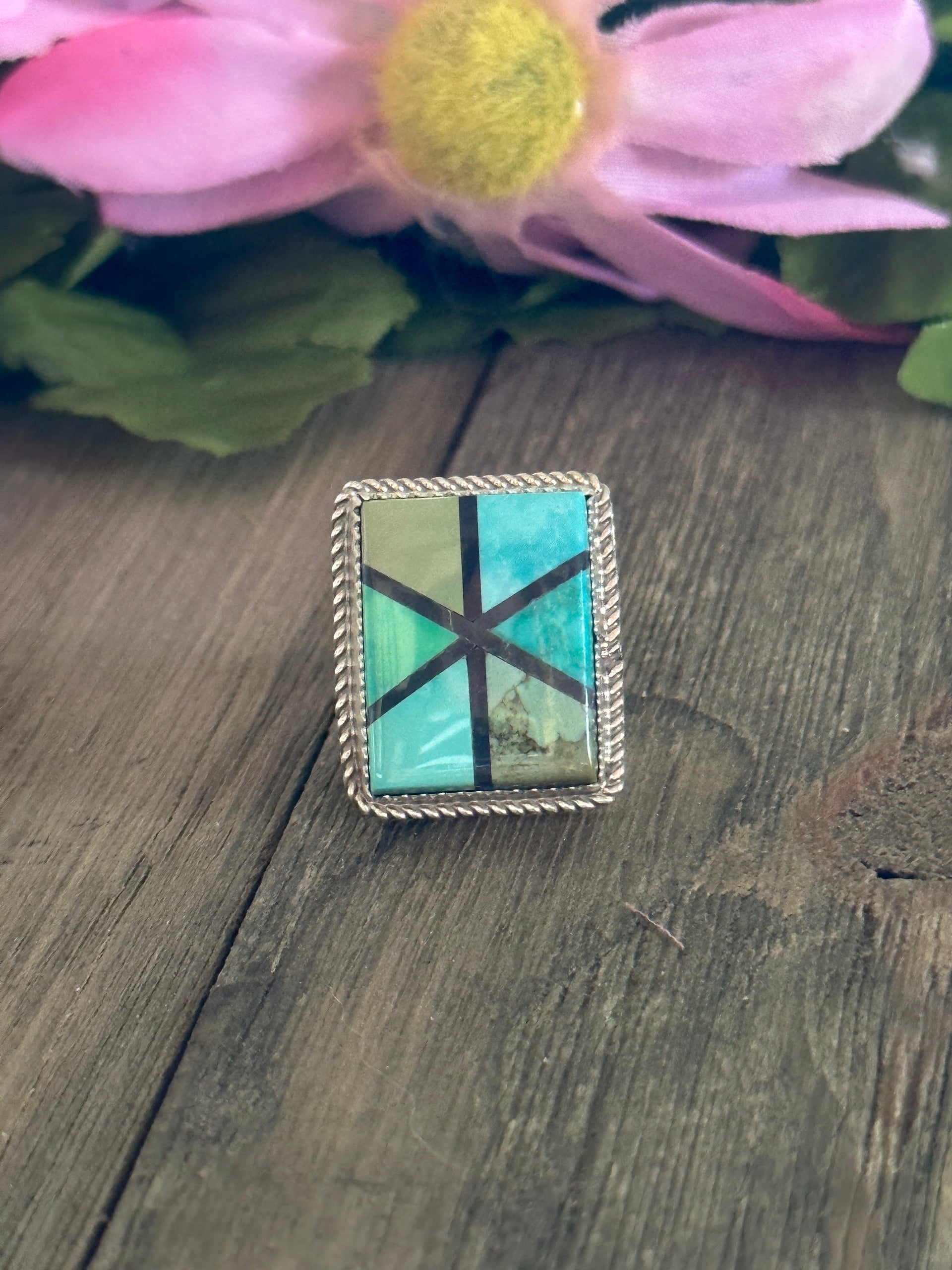 Reda Galvan Carico Lake Turquoise & Sterling Silver Inlay Ring Size 7.5