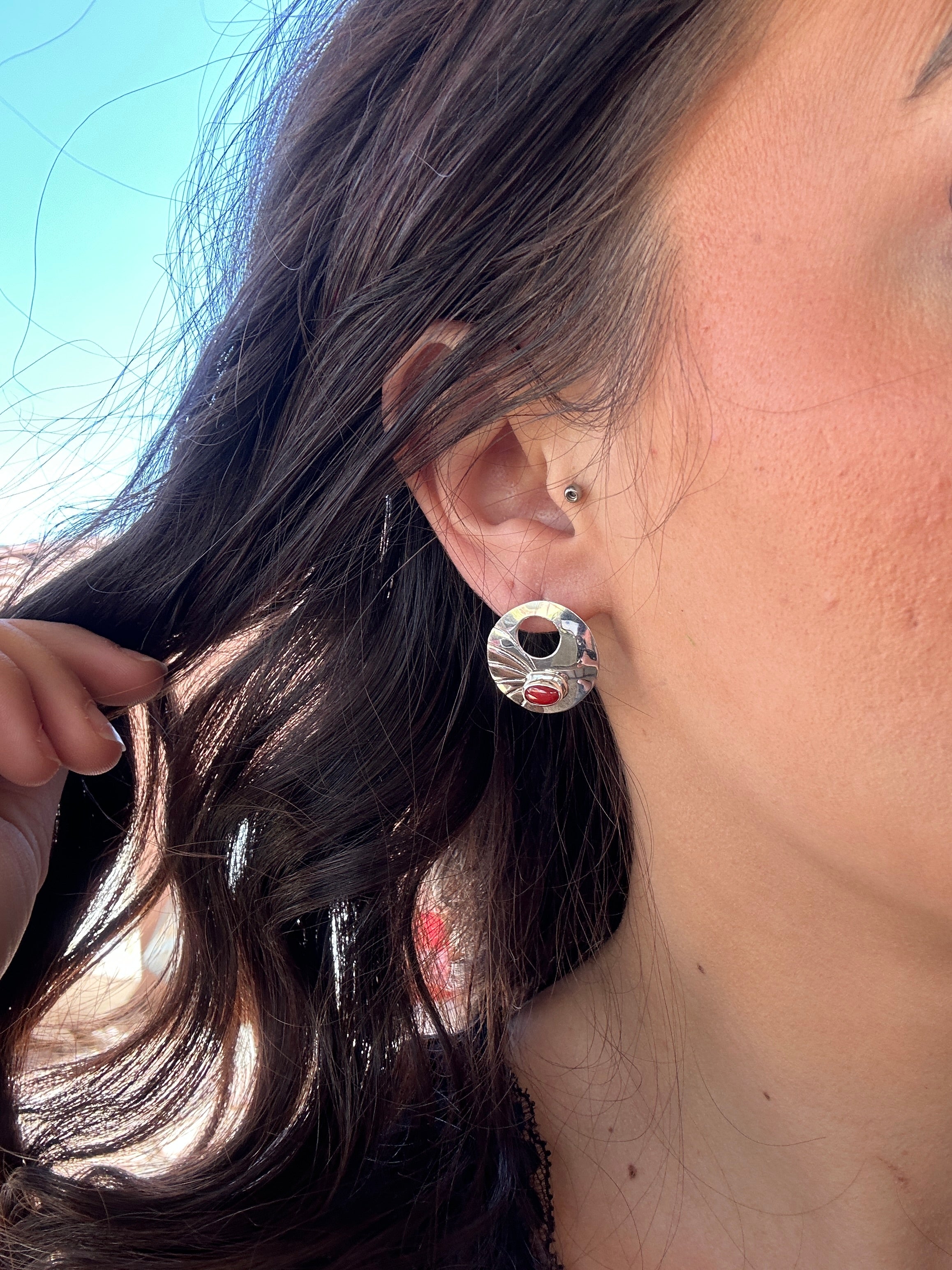 Navajo Made Coral & Sterling Silver Post Earrings