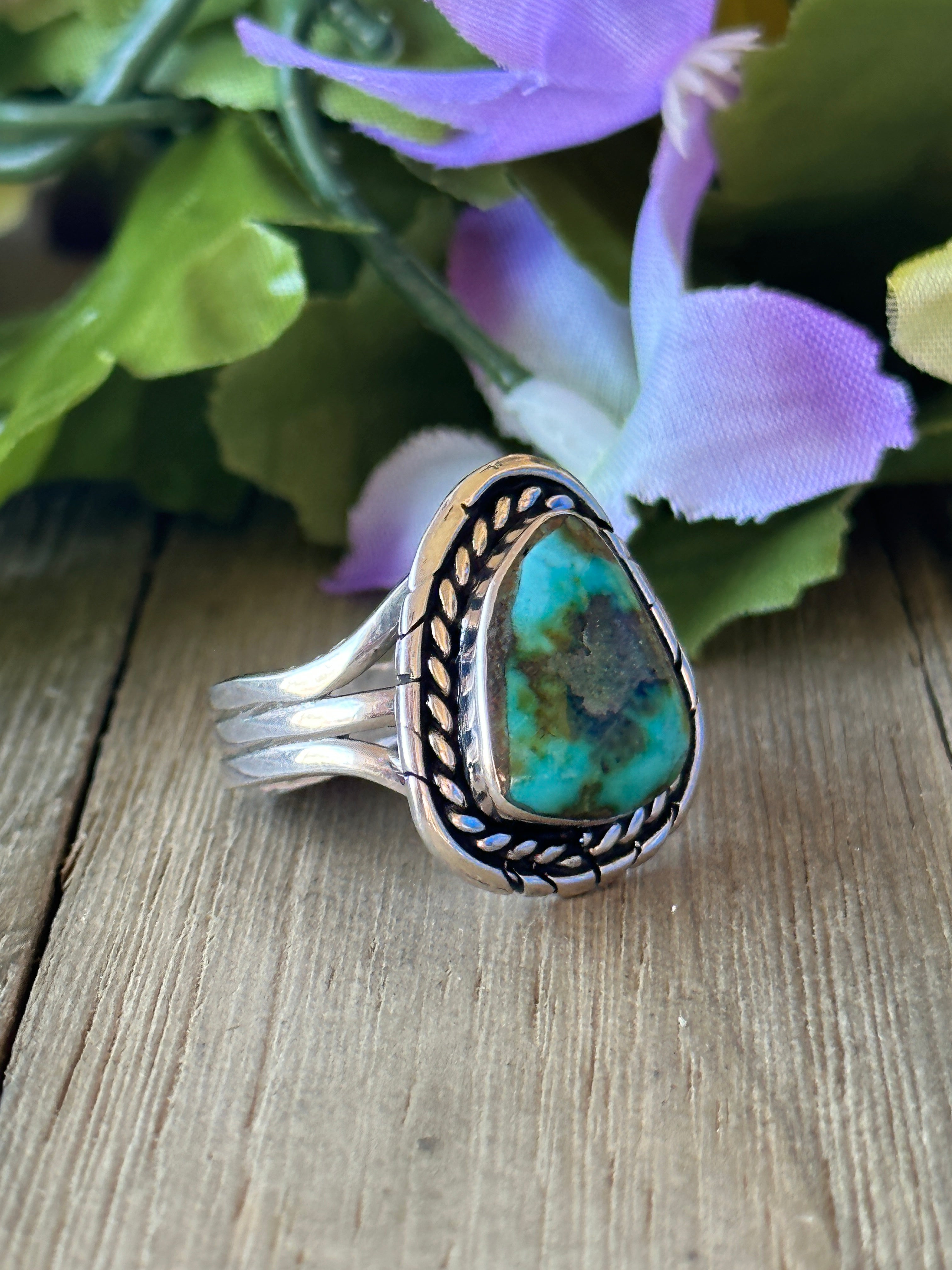 Navajo Made Sonoran Gold Turquoise & Sterling Silver Ring Size 9.75