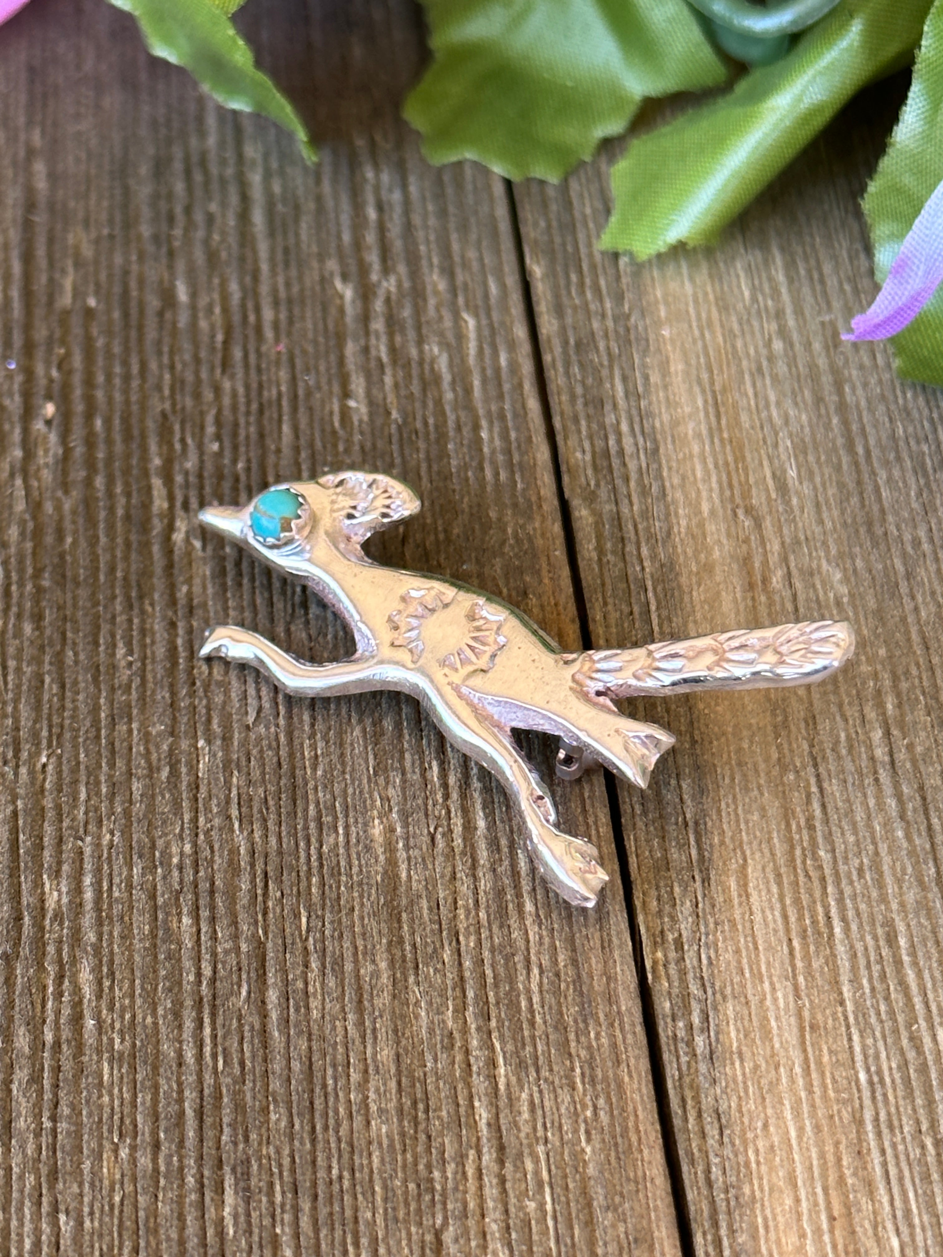 Navajo Made Kingman Turquoise & Sterling Silver Roadrunner Pin