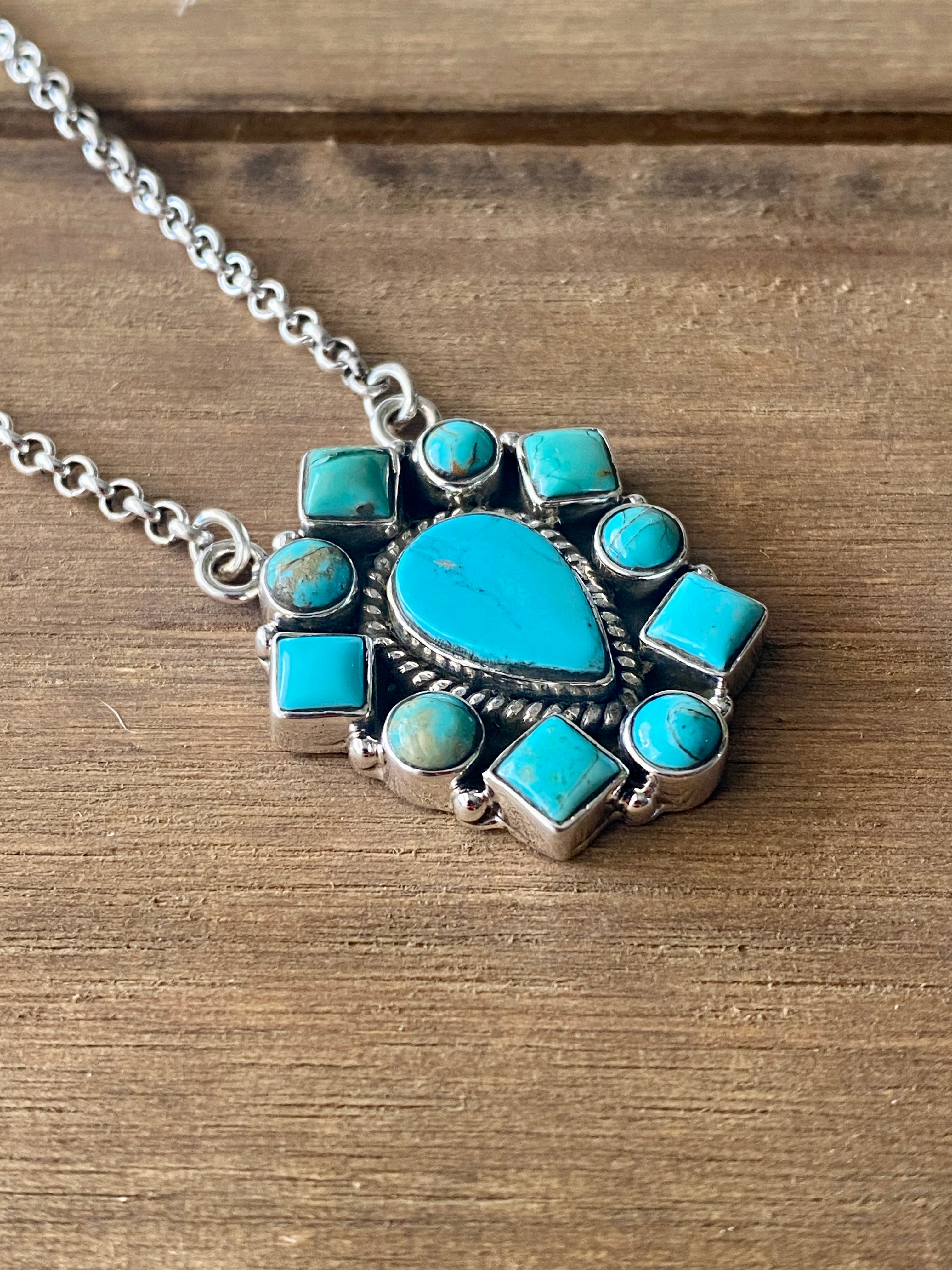 Southwest Handmade Kingman Turquoise & Sterling Silver Cluster Necklace