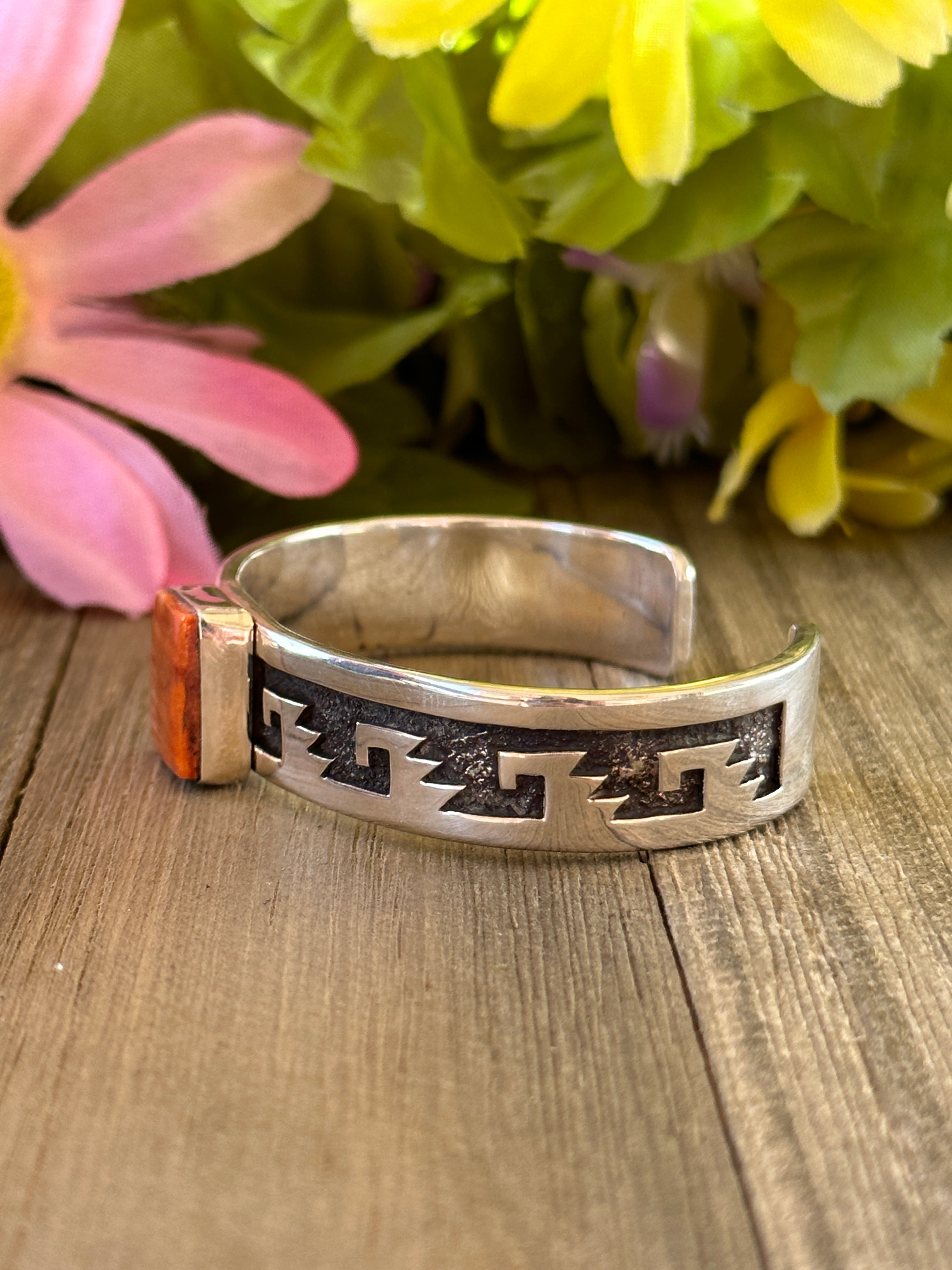 Navajo Made Spiny Oyster & Sterling Silver Cuff Bracelet