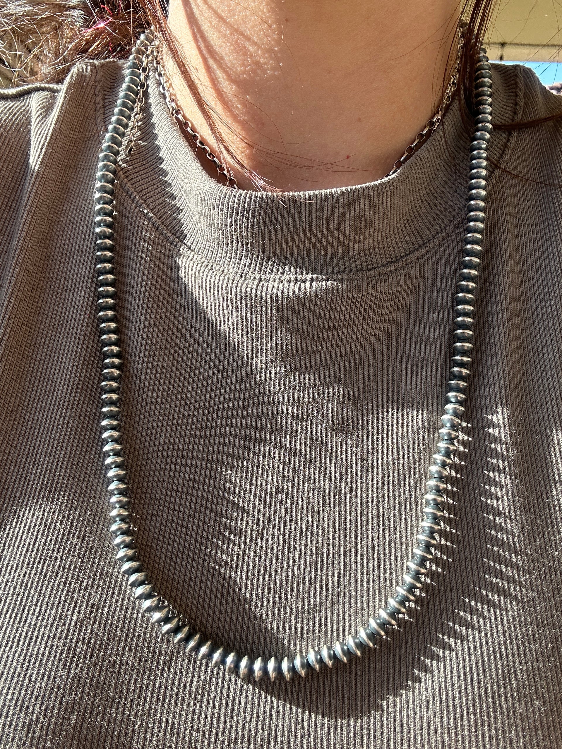 Navajo Strung Sterling Silver 6 MM Saucer Pearl Necklace