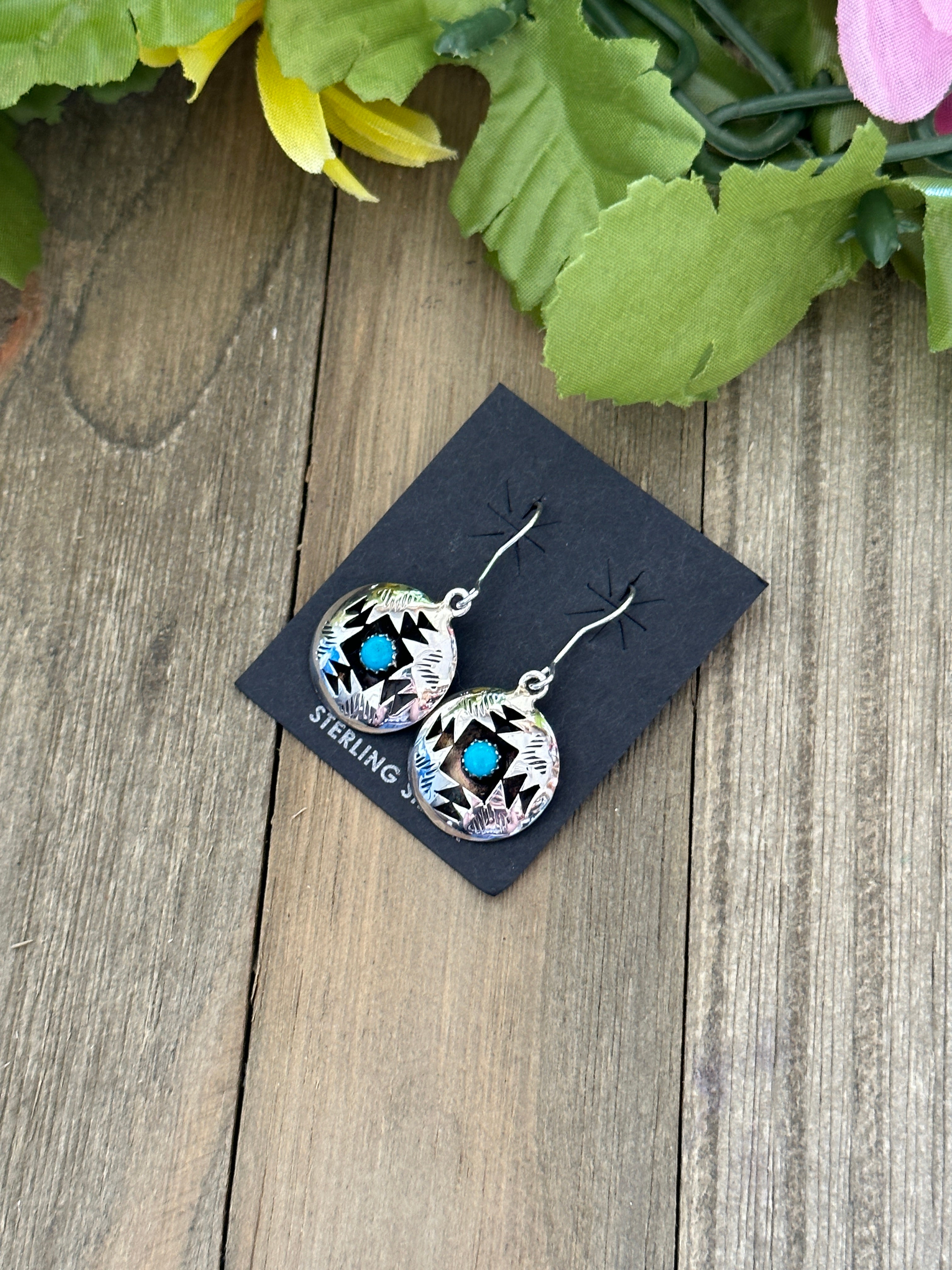 Navajo Made Kingman Turquoise & Sterling Silver Dangle Earrings