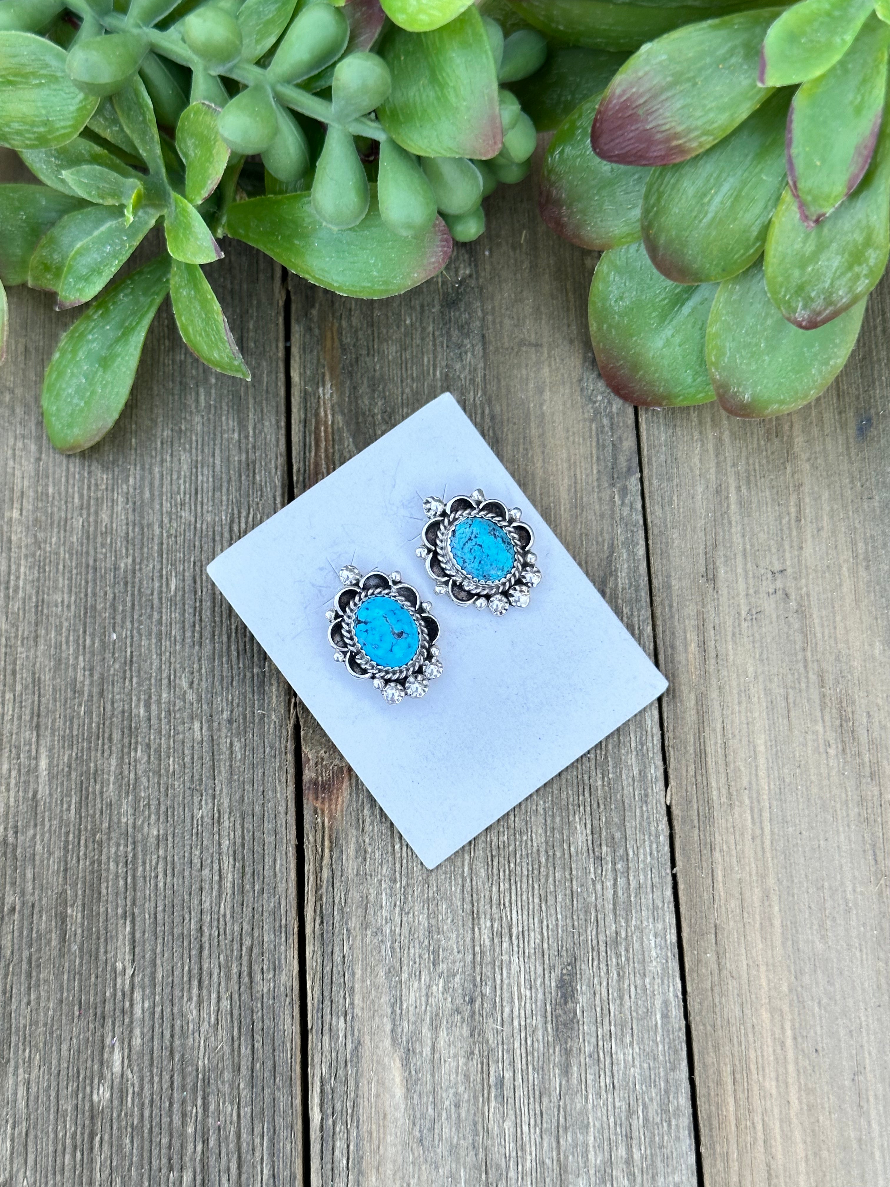 Navajo Made Kingman Turquoise & Sterling Silver Post Earrings