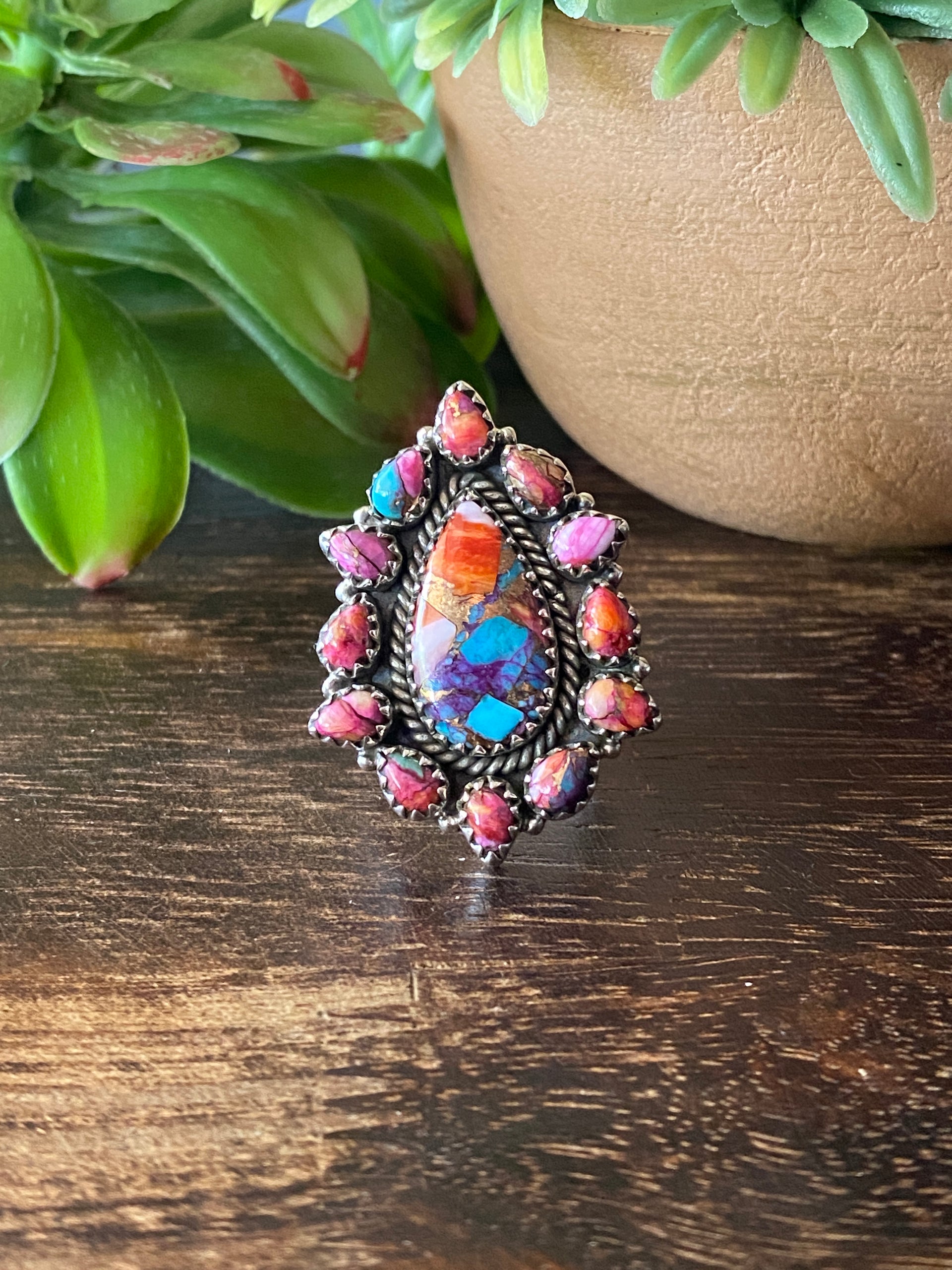 Southwest Handmade Multi Stone & Sterling Silver Adjustable Cluster Ring
