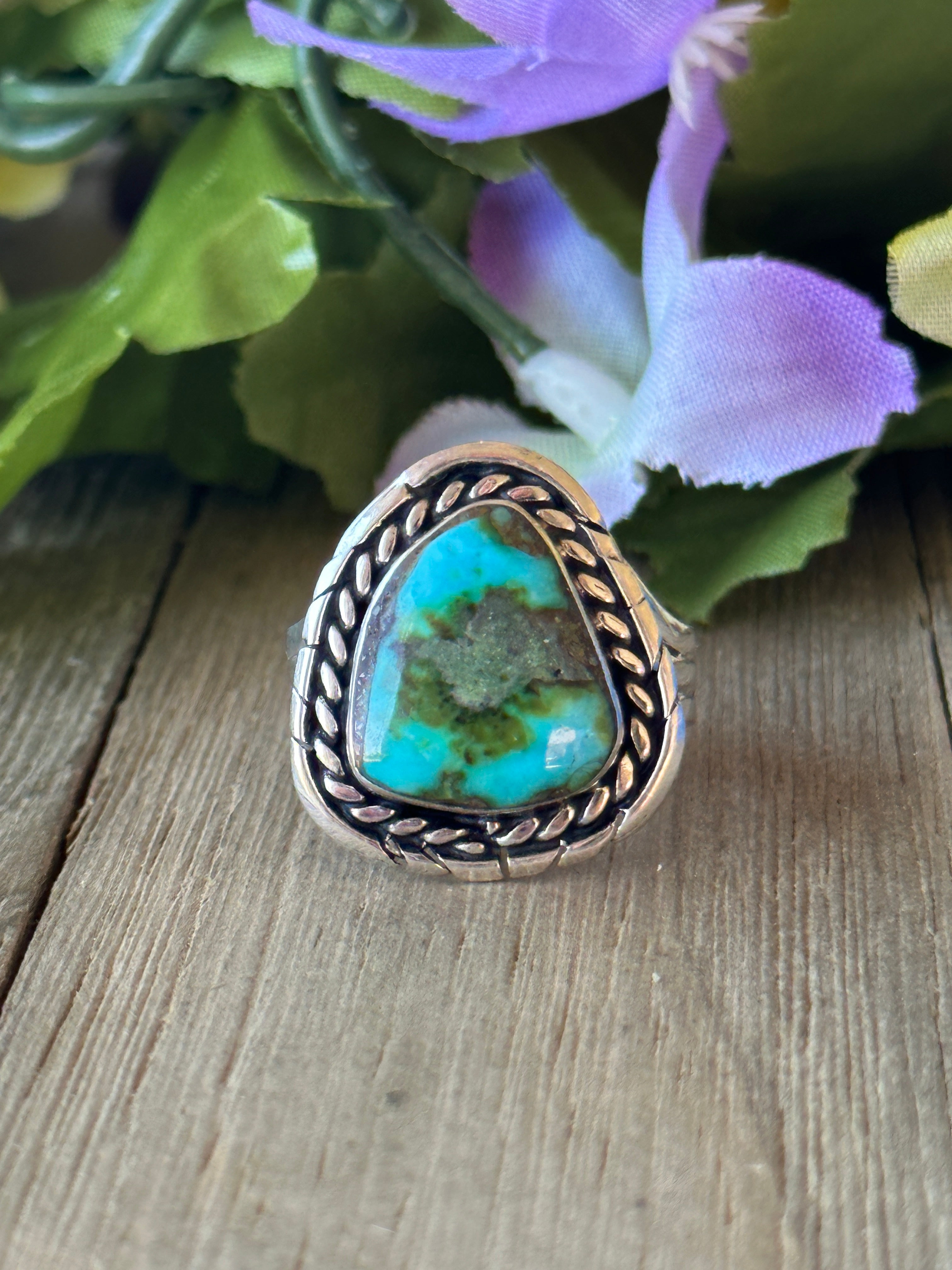 Navajo Made Sonoran Gold Turquoise & Sterling Silver Ring Size 9.75