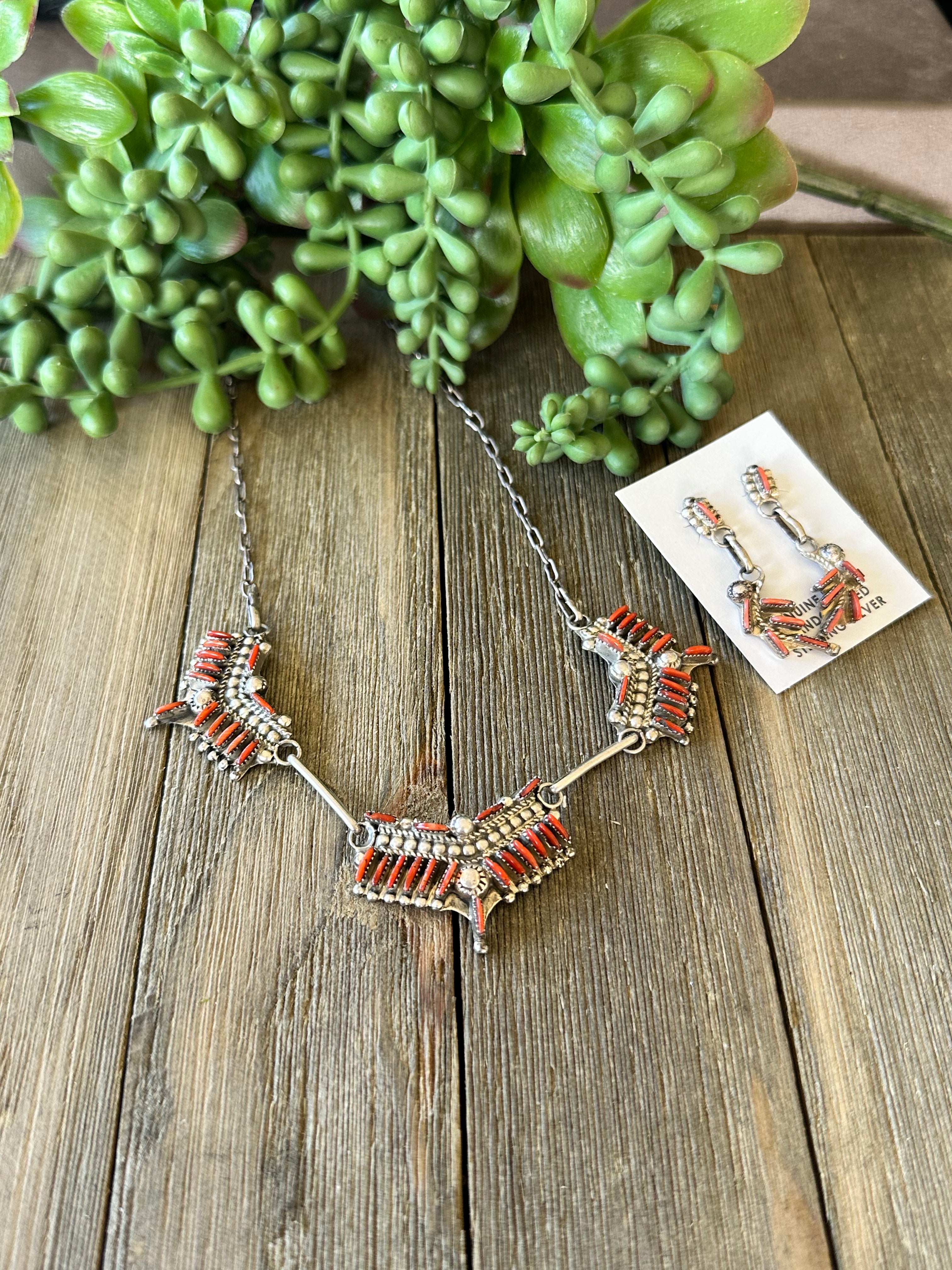 Zuni Made Red Coral and Sterling Silver Necklace Set