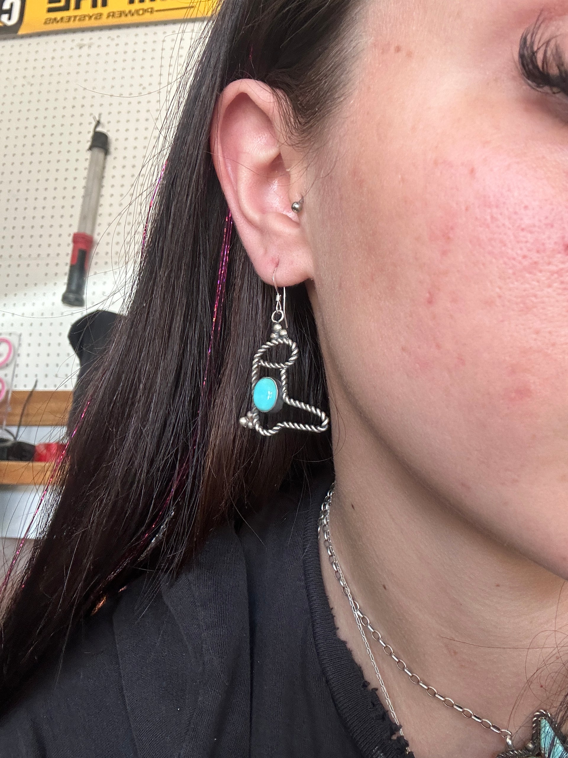 Navajo Made Kingman Turquoise & Sterling Silver Dangle Cowboy Boot