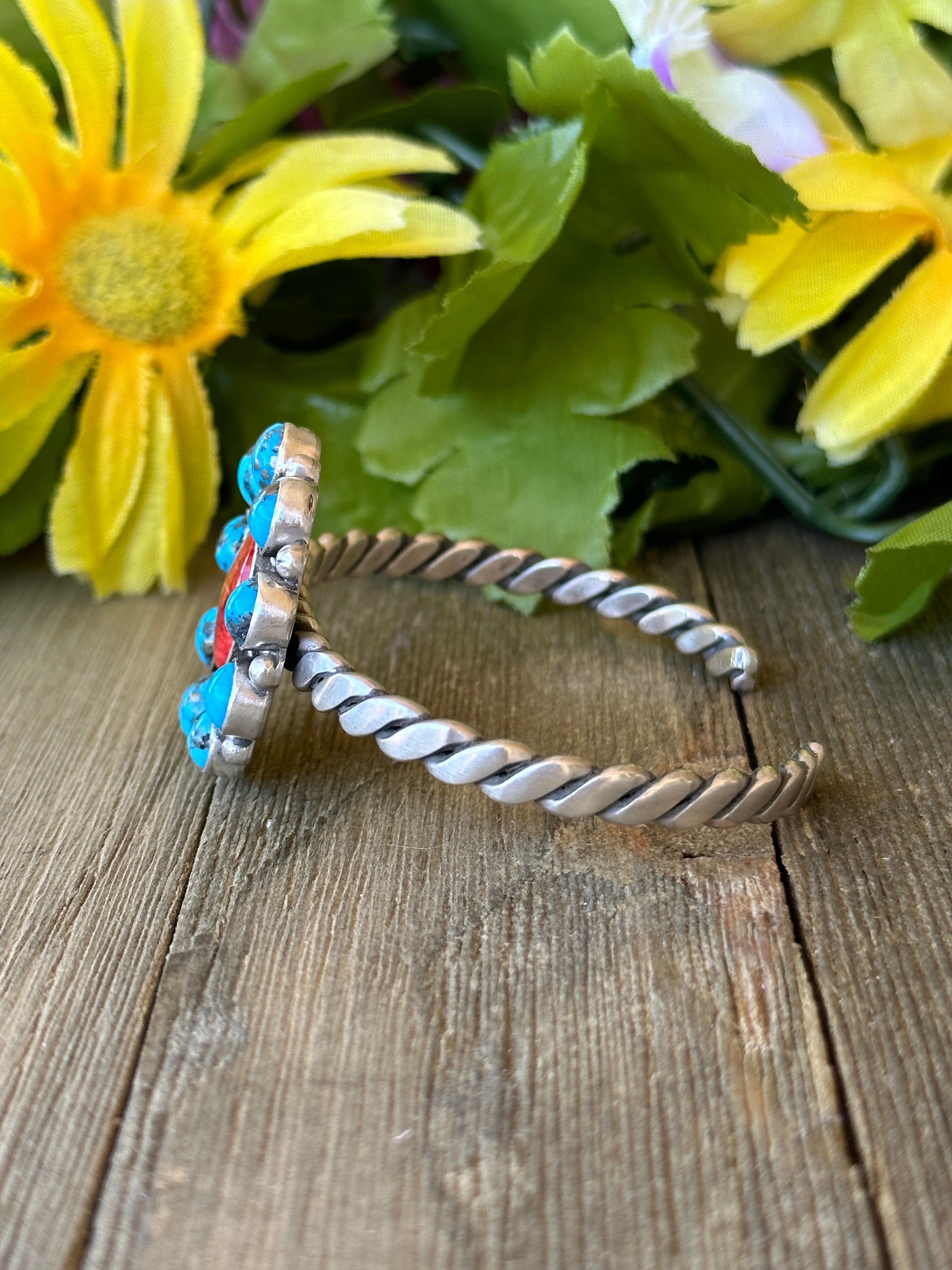 Navajo Made Multi Stone & Sterling Silver Cluster Cuff Bracelet