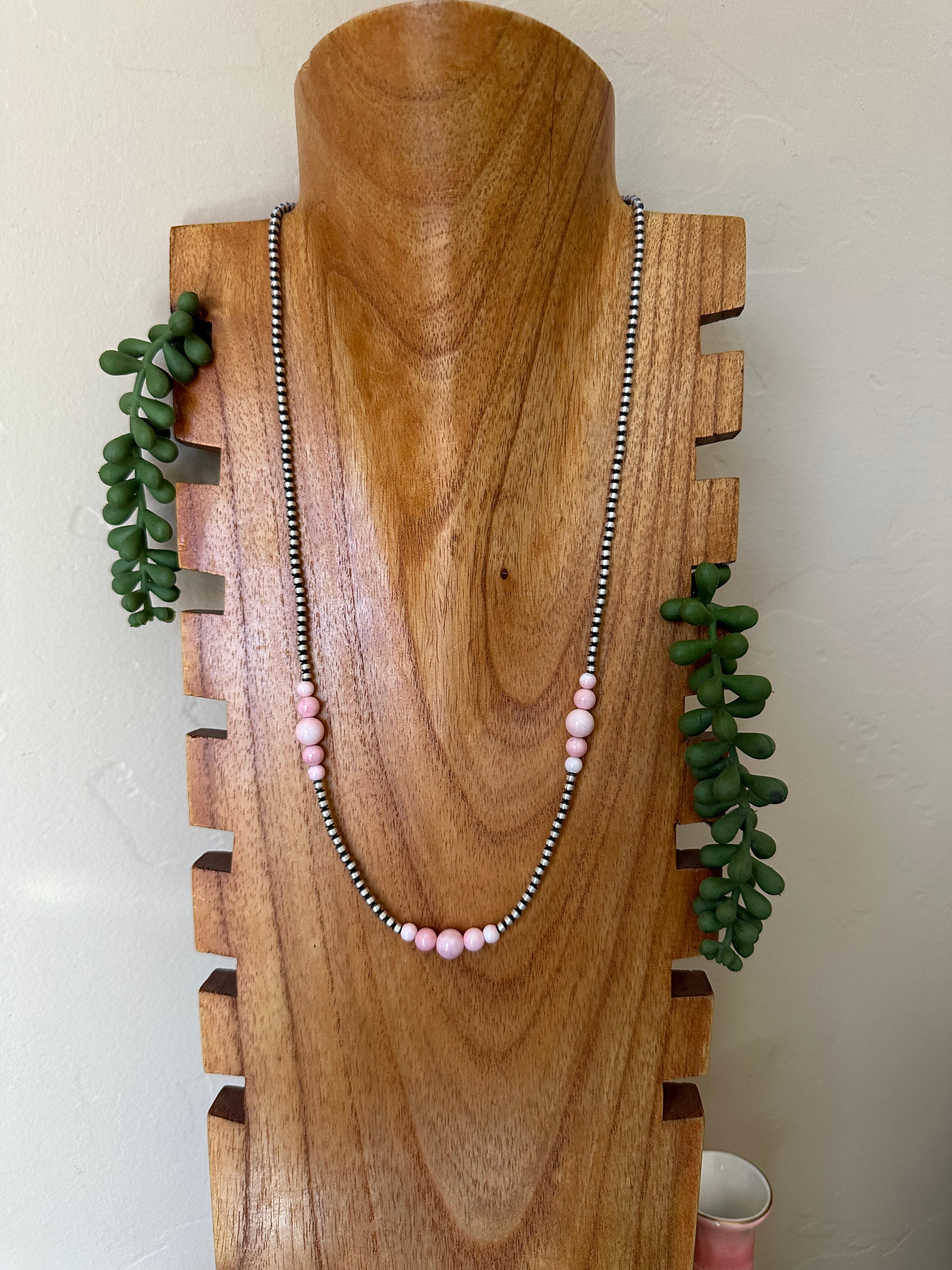 Navajo Strung Pink Conch & Sterling Silver 3 MM Pearls Beaded Necklace