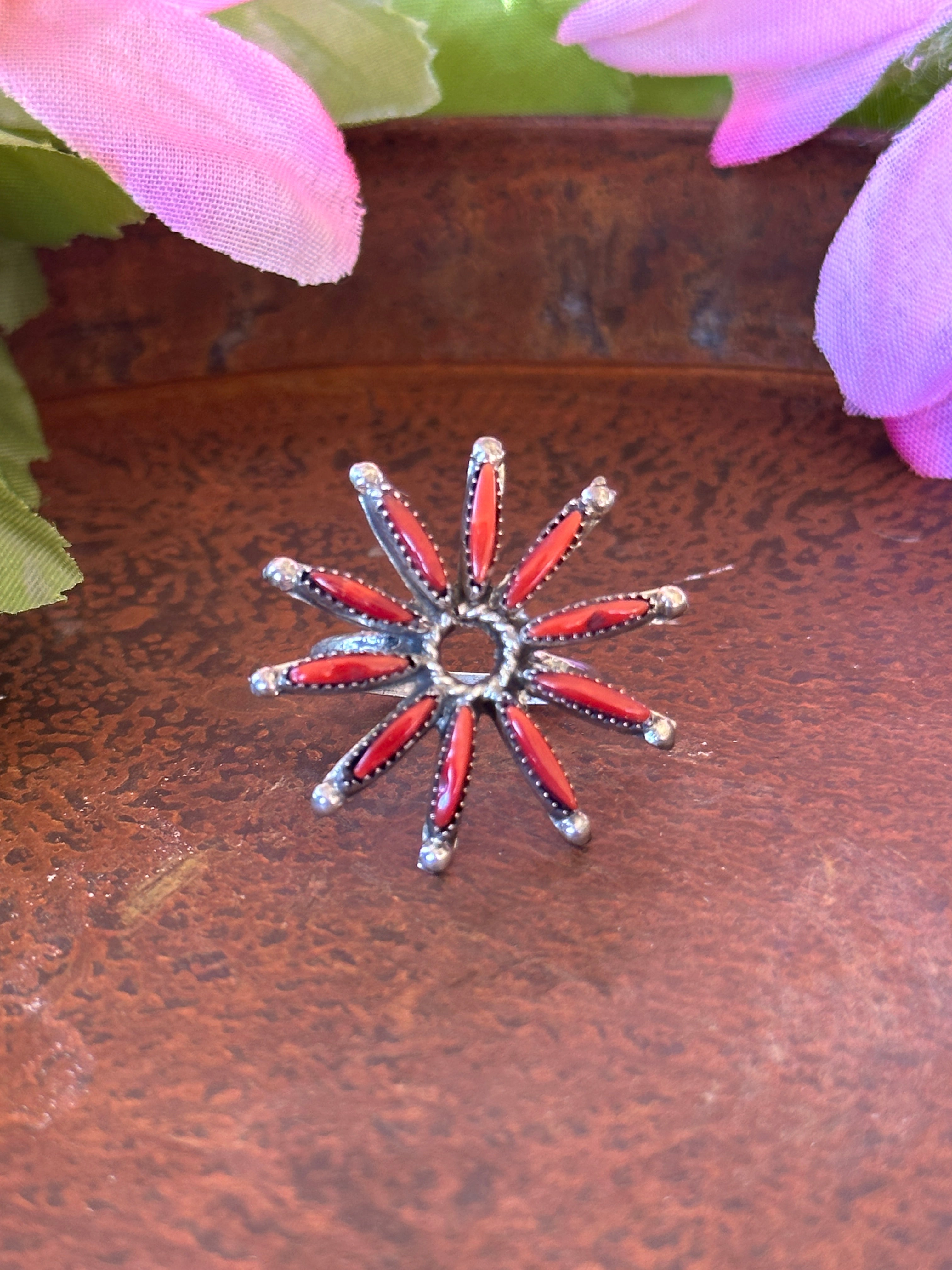 Zuni Made Red Coral & Sterling Silver Ring Size 6