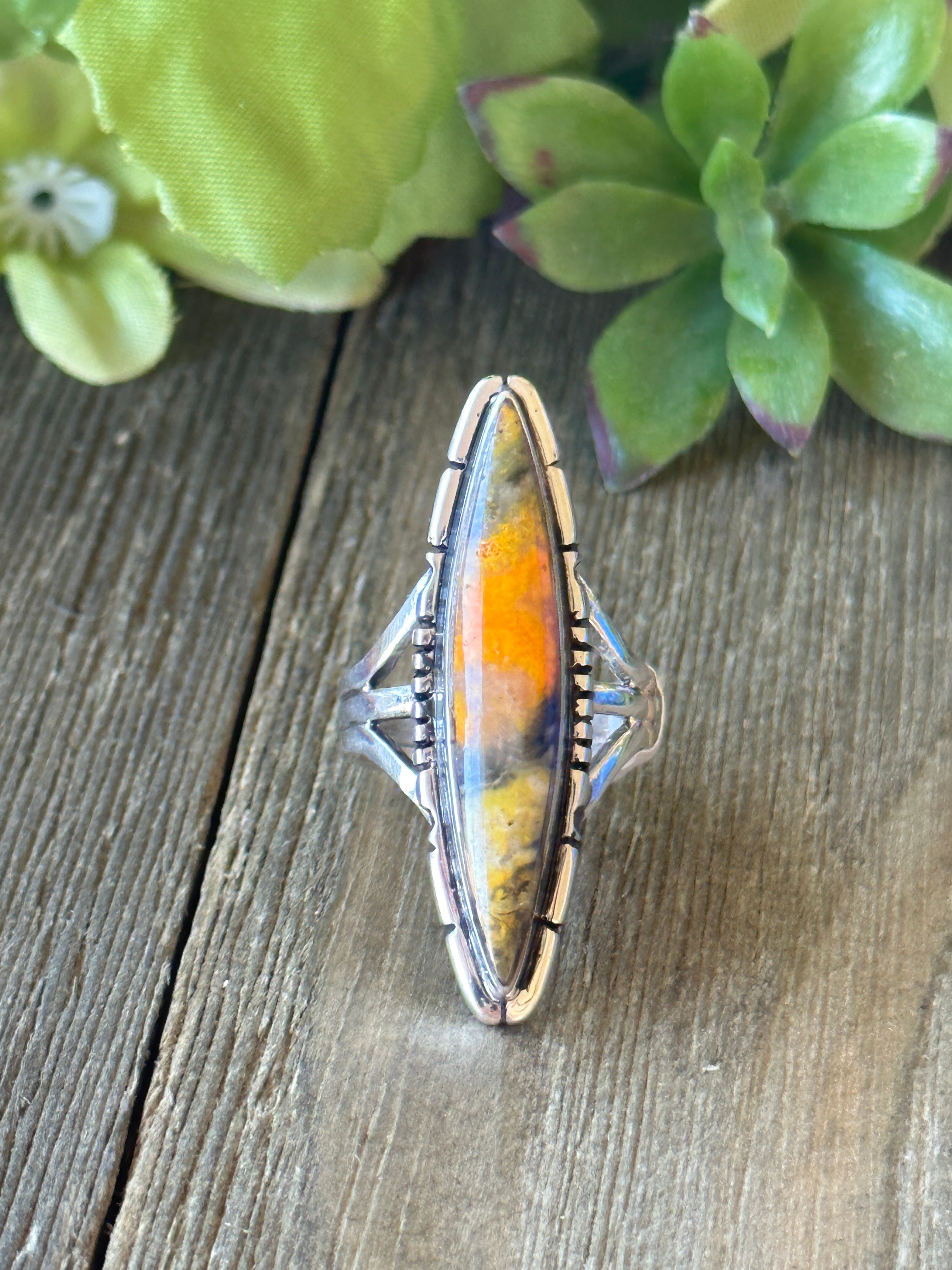 Navajo Made Bumblebee Jasper & Sterling Silver Ring Size 6.75