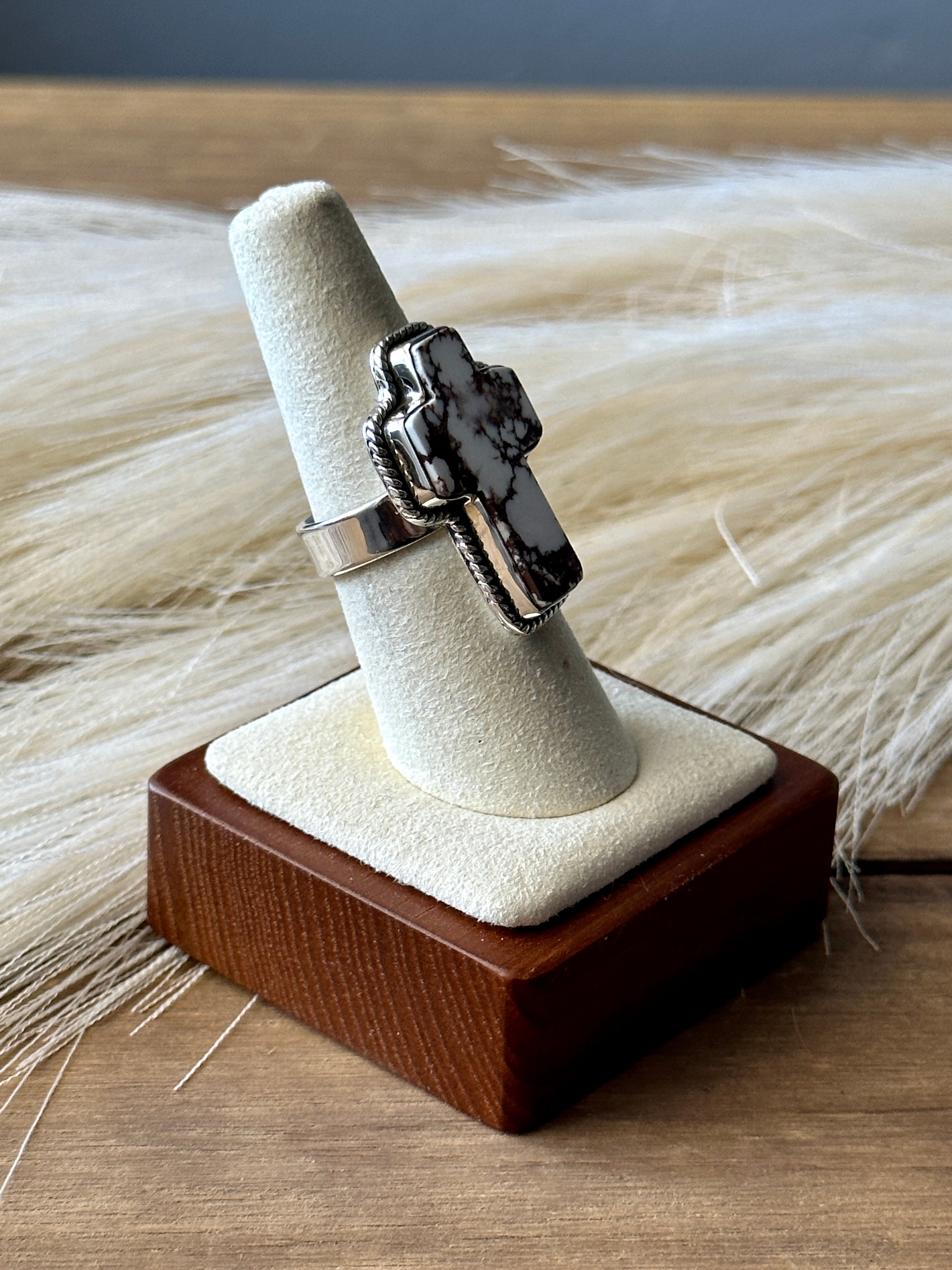 Southwest Handmade Wild Horse & Sterling Silver Adjustable Cross Ring