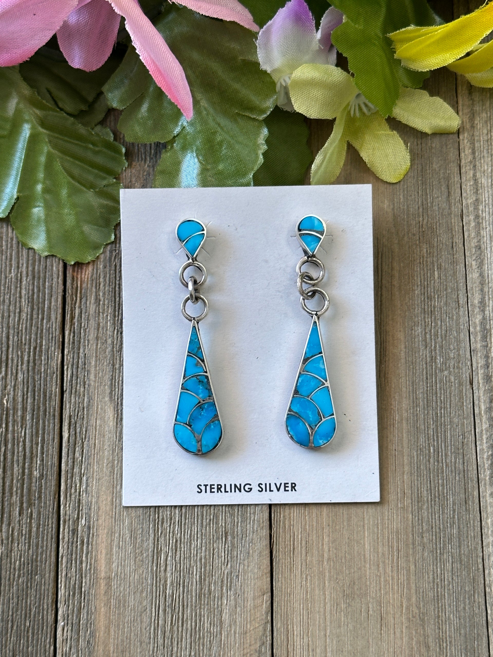Zuni Made Kingman Turquoise & Sterling Silver Inlay Dangle Post Earrings