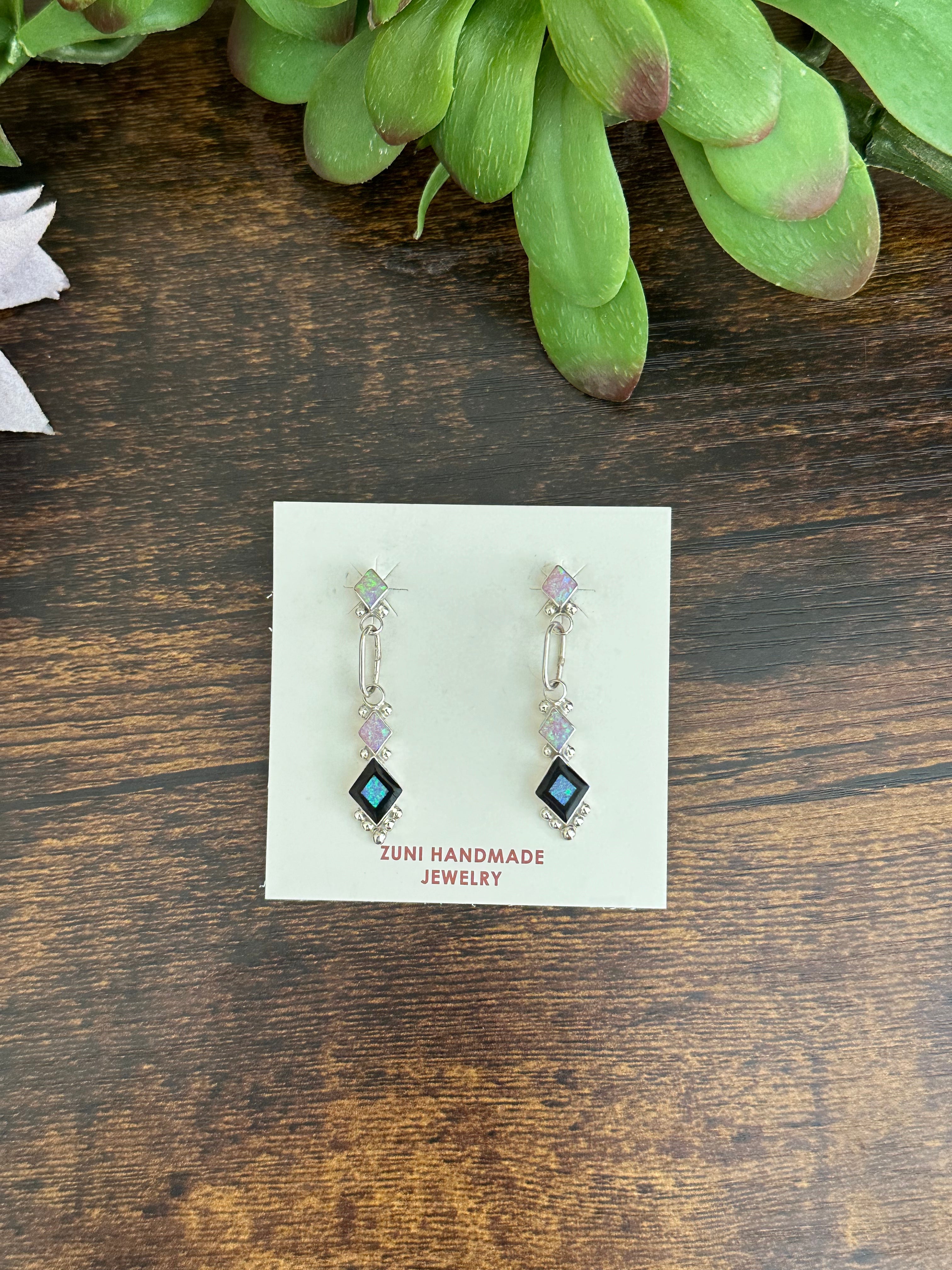 Zuni Made Multi Stone & Sterling Silver Post Dangle Inlay Earrings