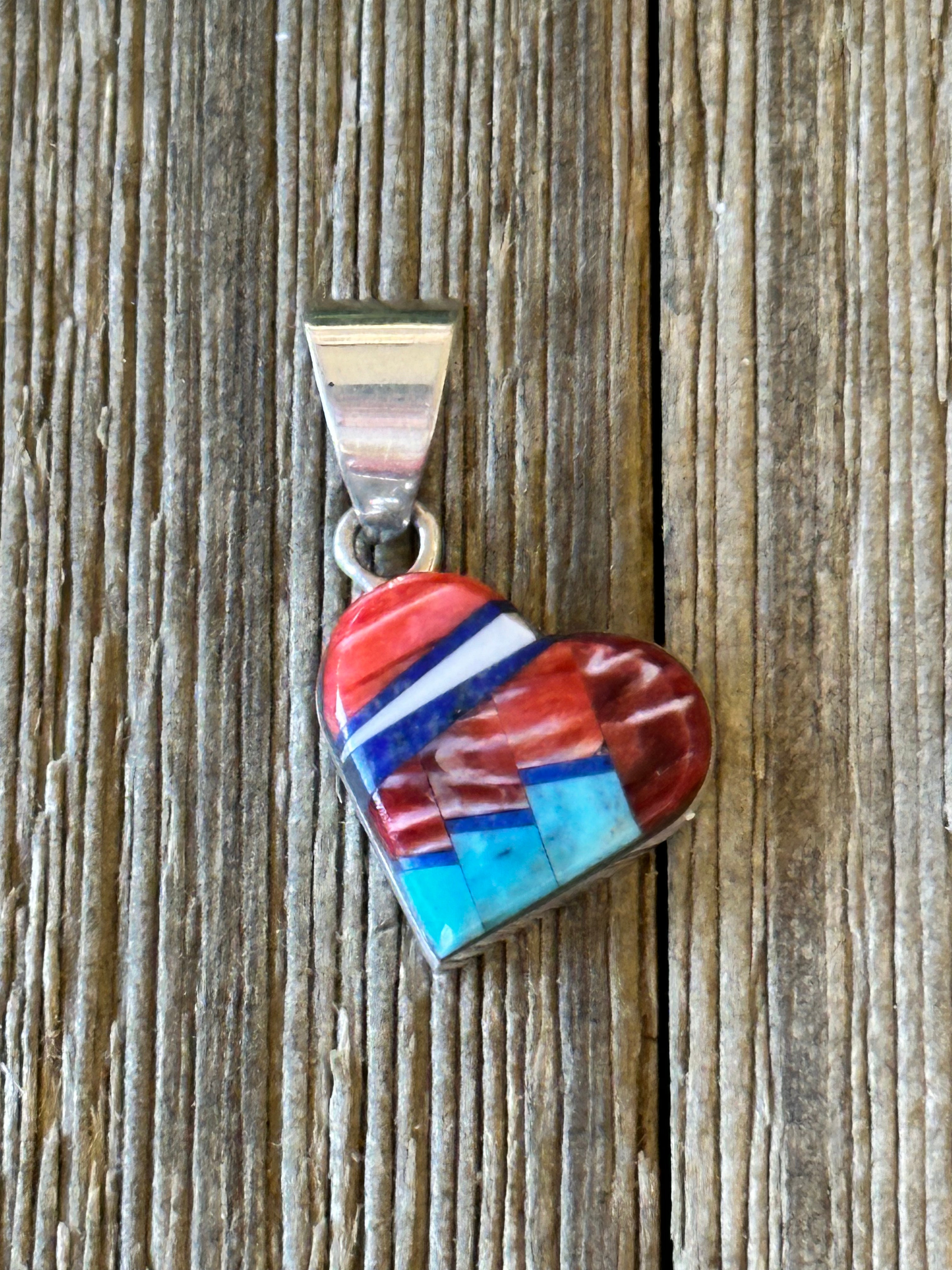 Navajo Made Multi Stone & Sterling Silver Inlay Heart Pendant