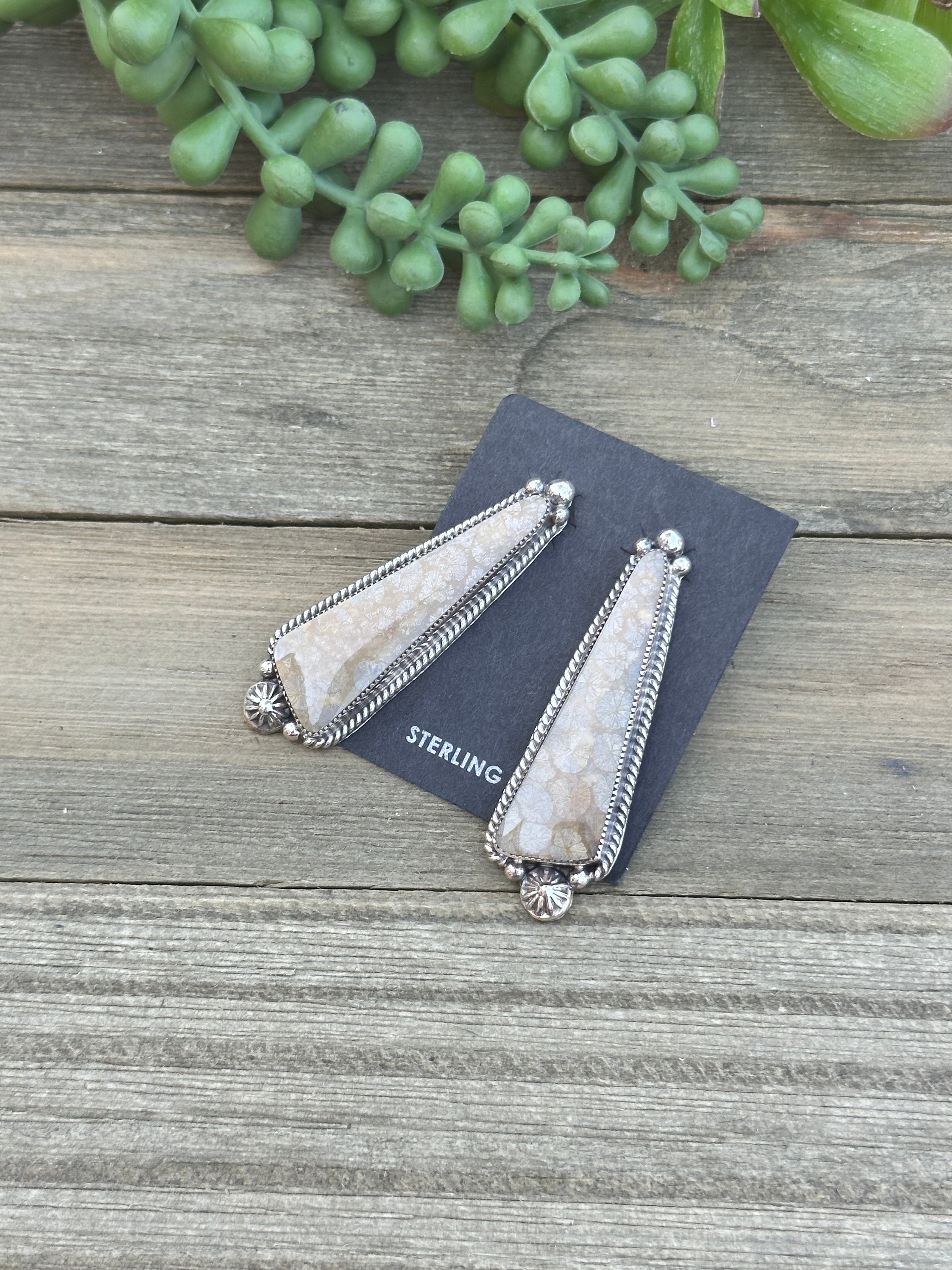 Navajo Made Ocean Fossil & Sterling Silver Post Dangle Earrings