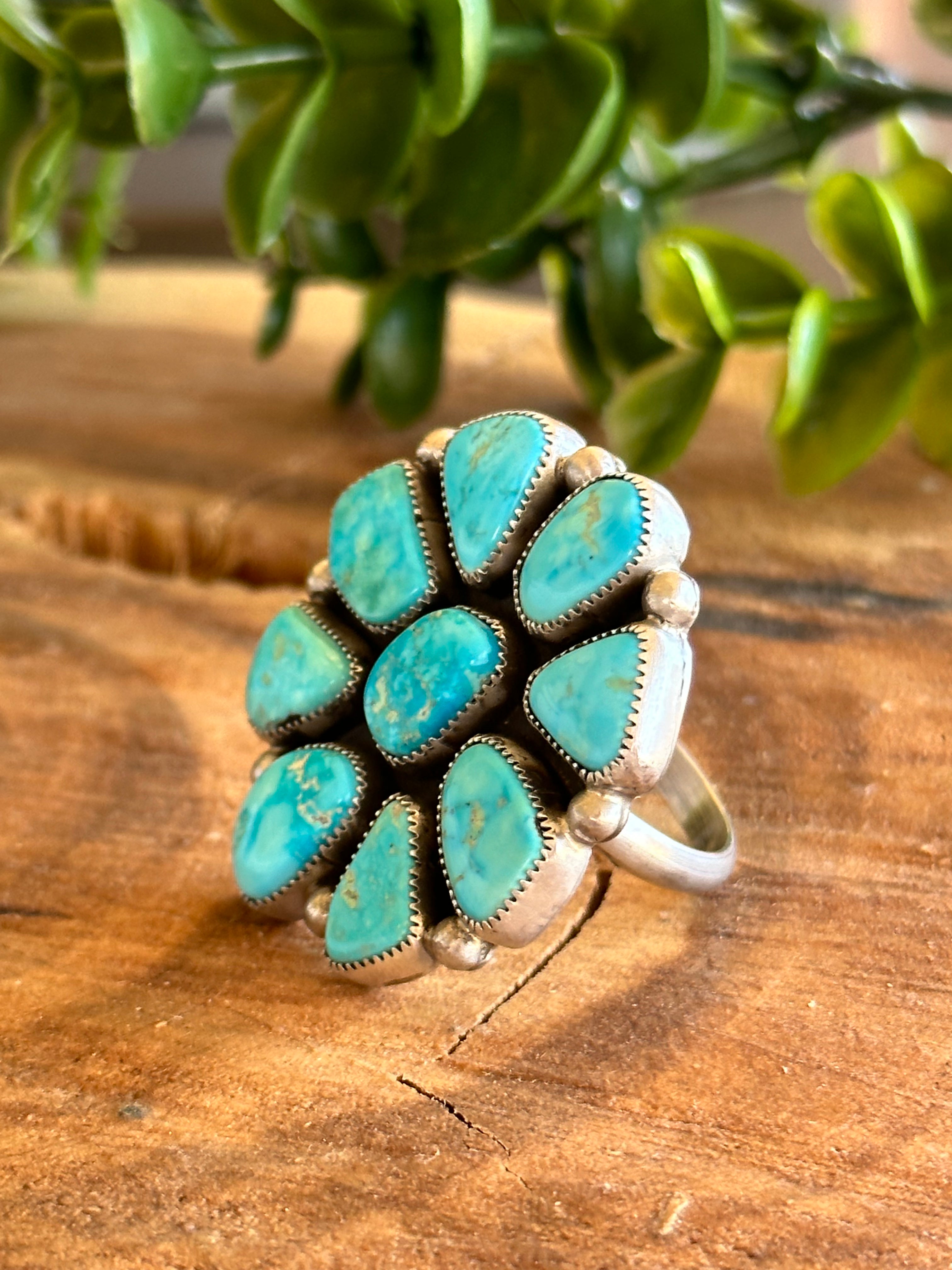 Virginia Sandoval Kingman Turquoise & Sterling Silver Adjustable Cluster Ring