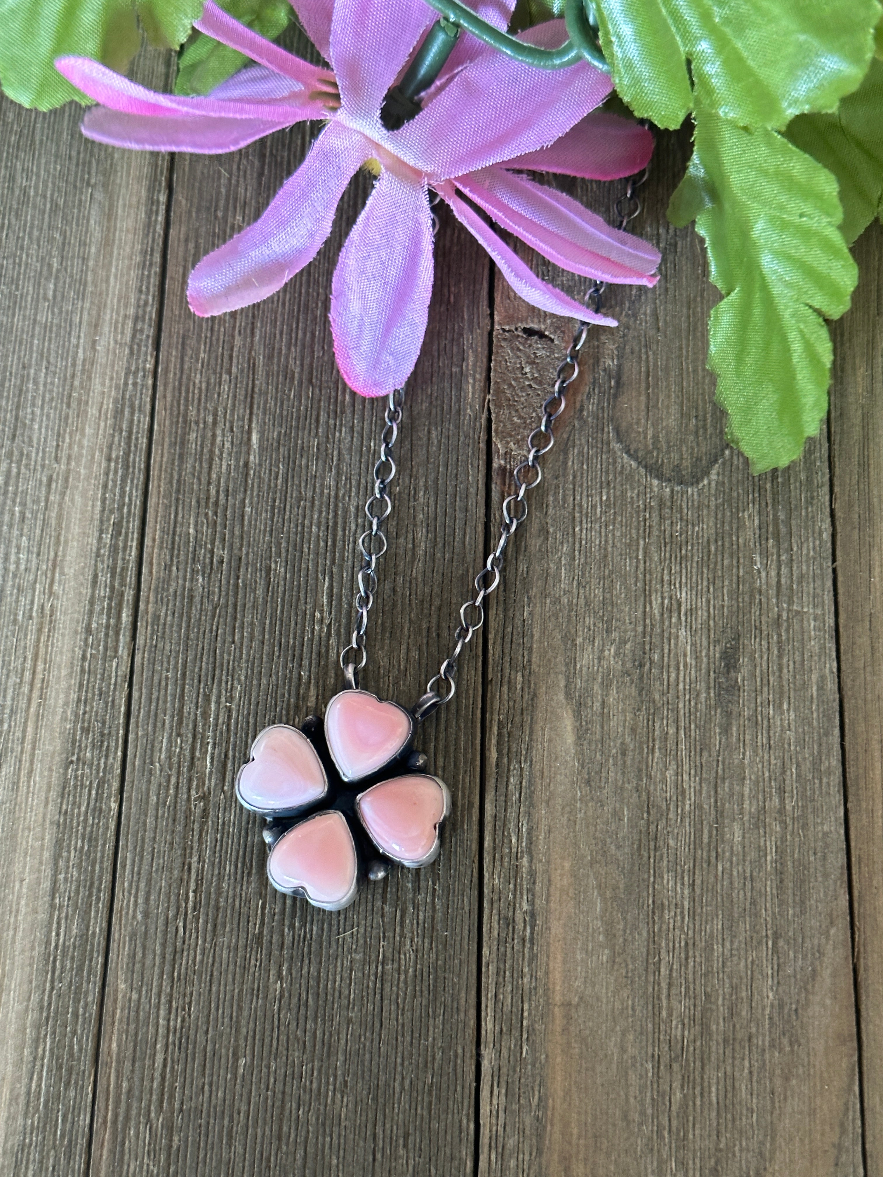 Navajo Made Pink Conch & Sterling Silver Necklace