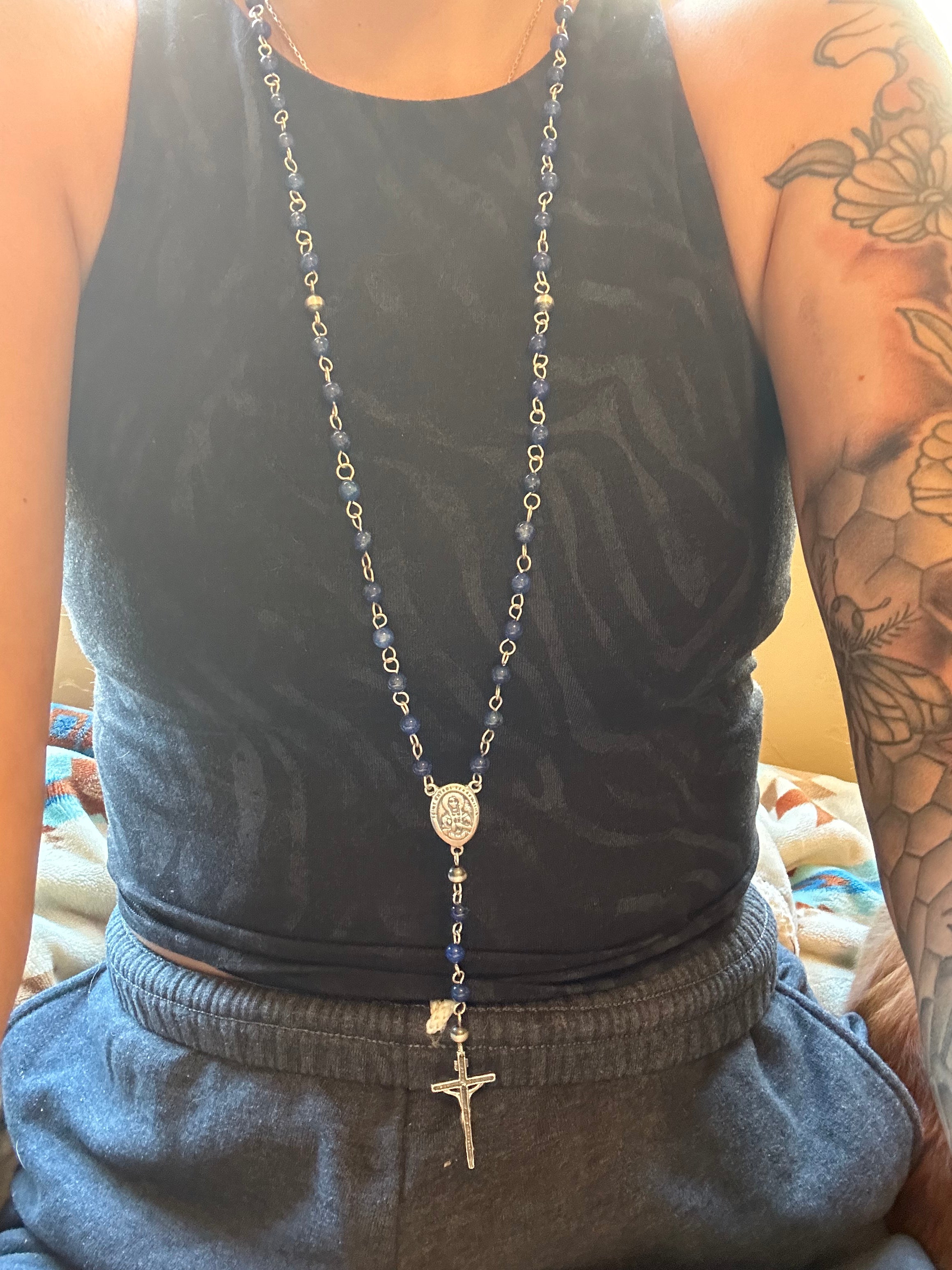 Navajo Strung Lapis & Sterling Silver Beaded Pearls Rosarie Necklace