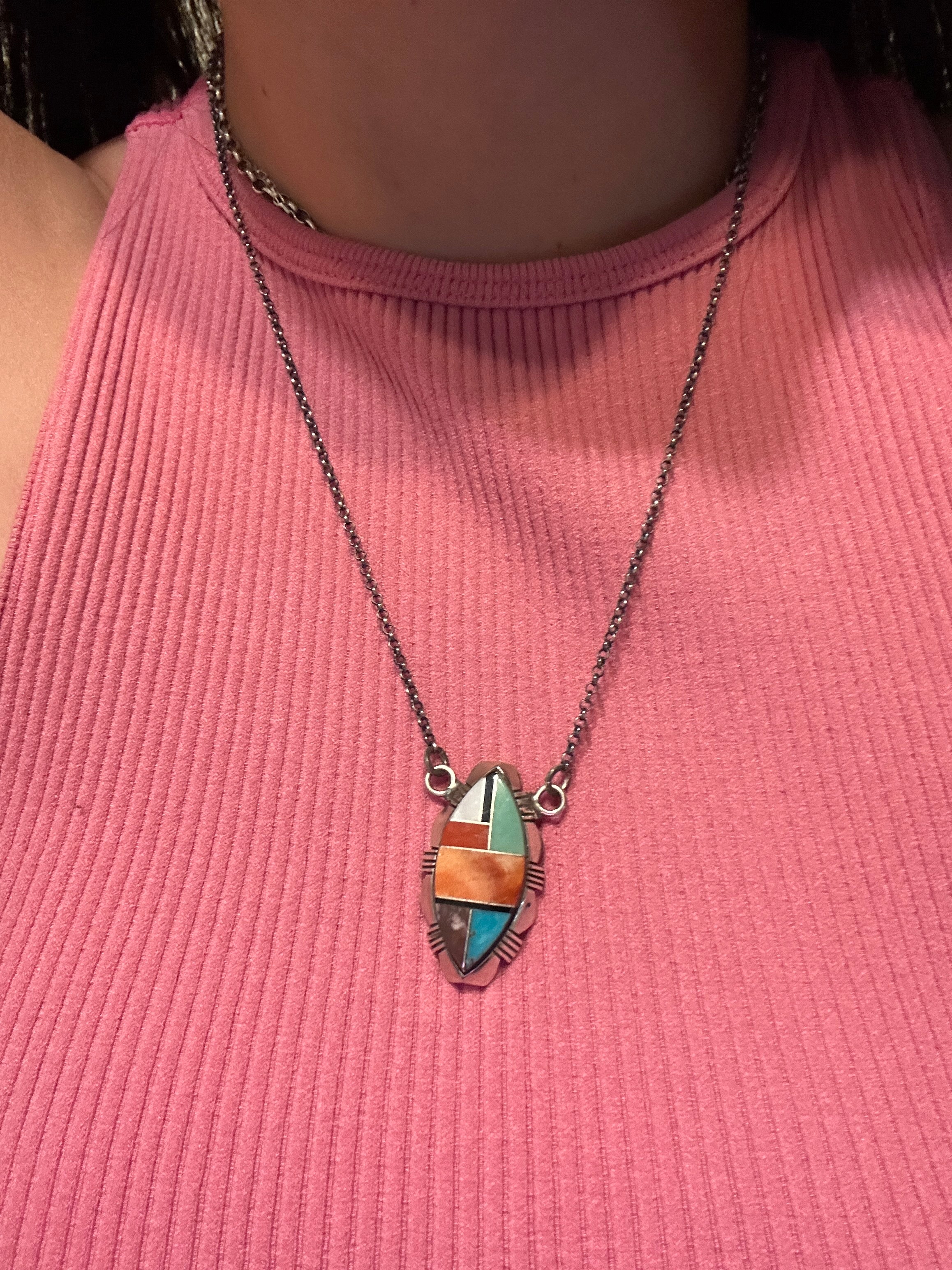 Navajo Made Multi Stone & Sterling Silver Inlay Necklace