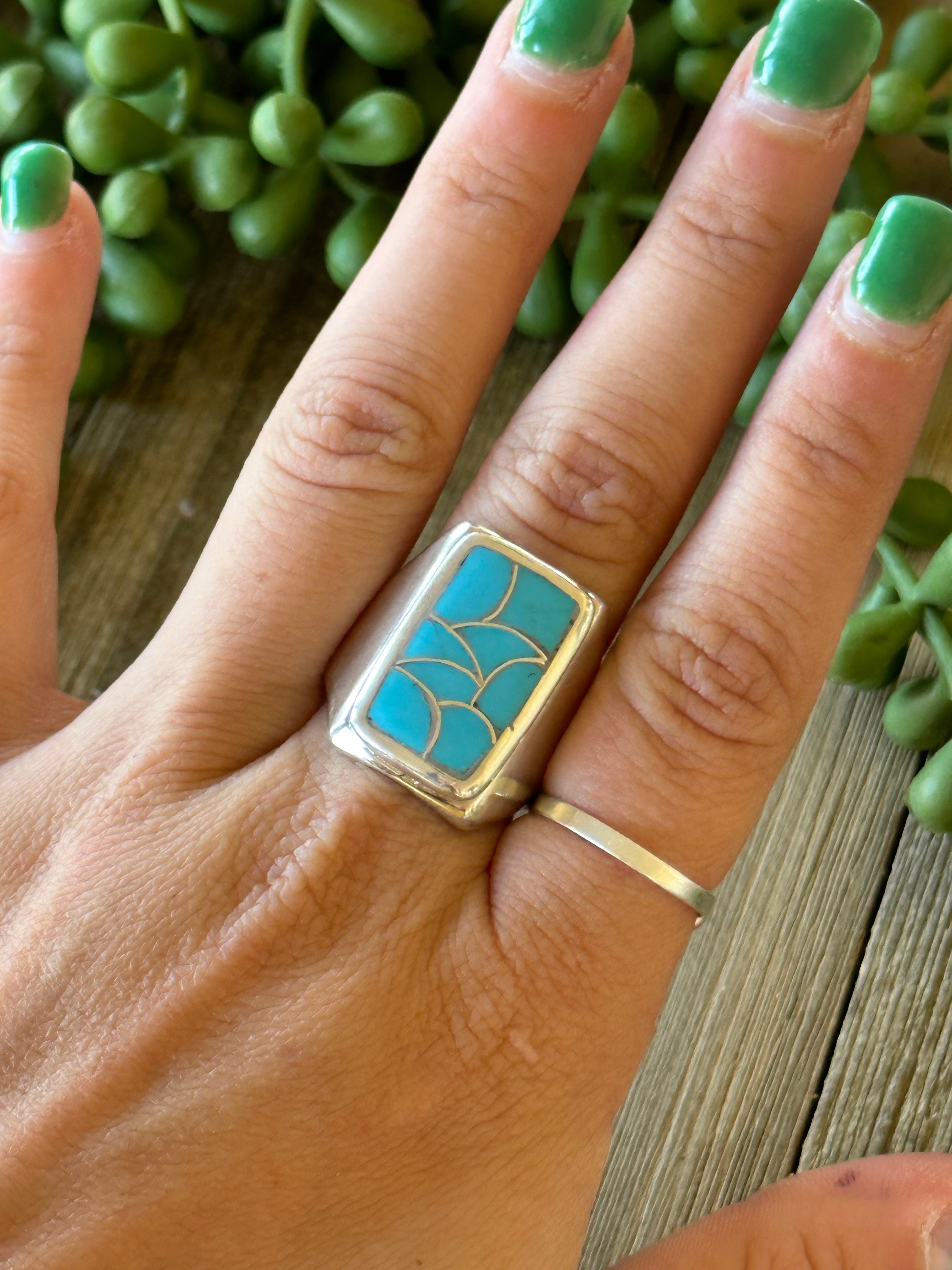 Navajo Made Kingman Turquoise & Sterling Silver Inlay Ring