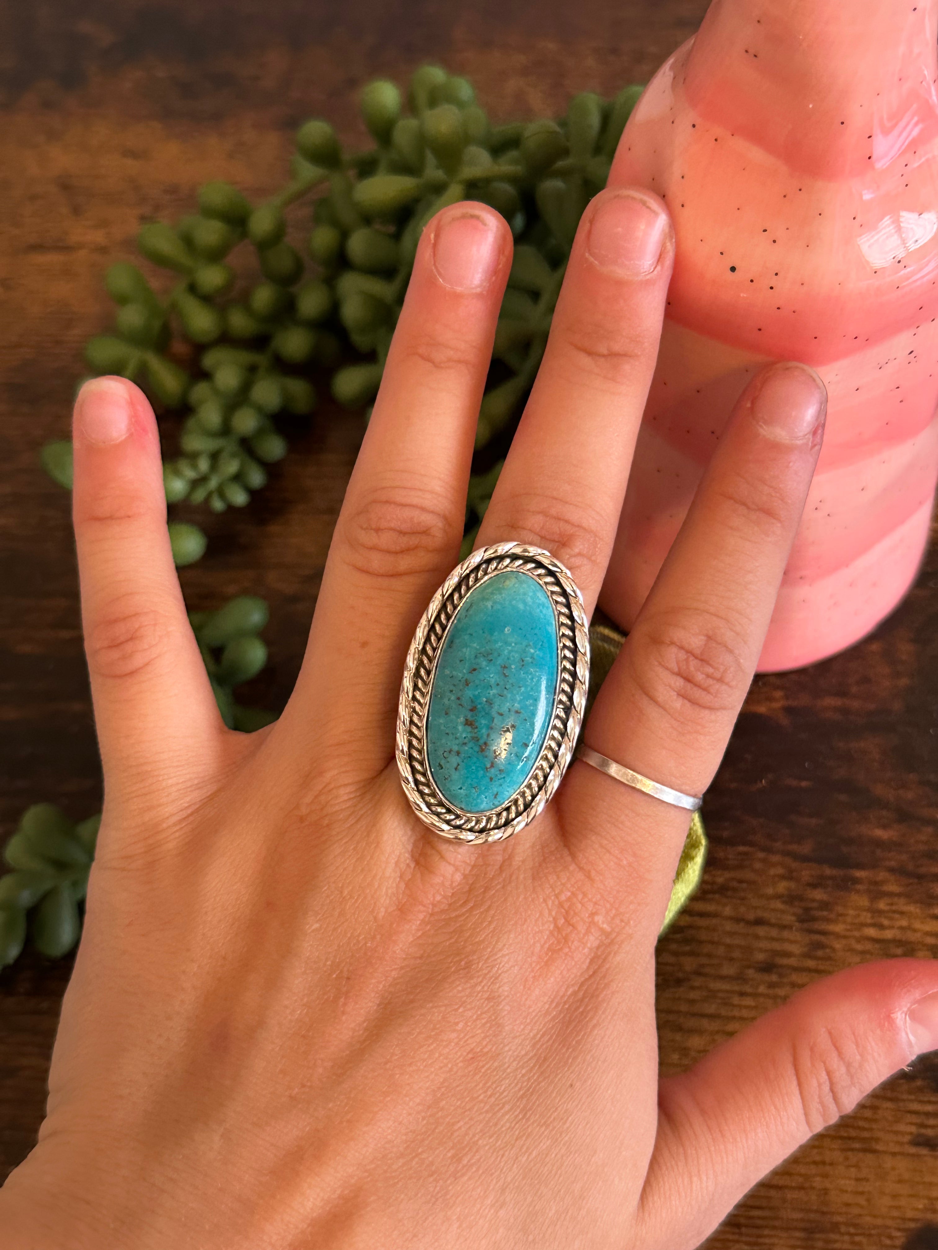 Navajo Made Kingman Turquoise & Sterling Silver Ring Size 9