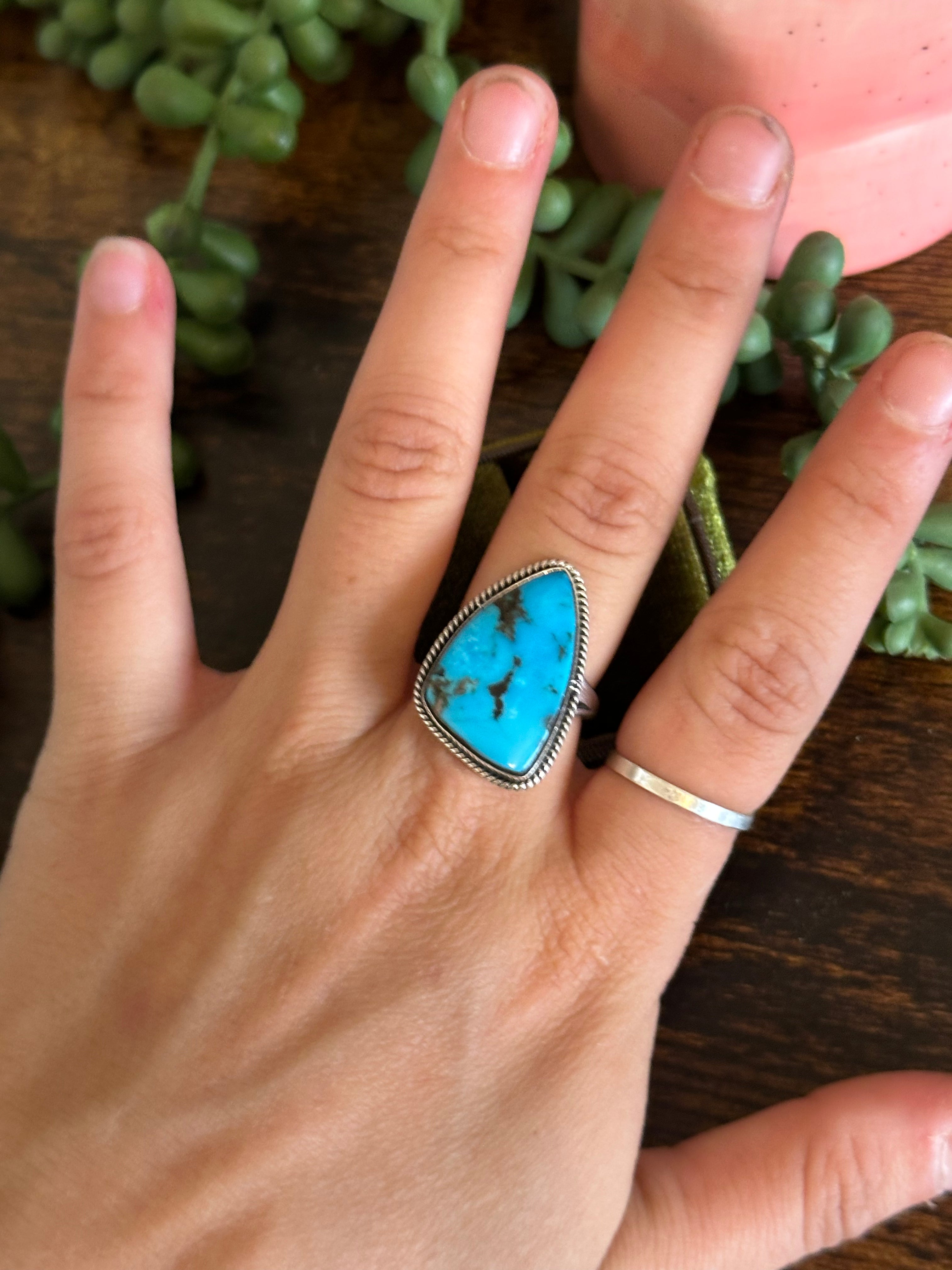 Navajo Made Kingman Turquoise & Sterling Silver Ring Size 7