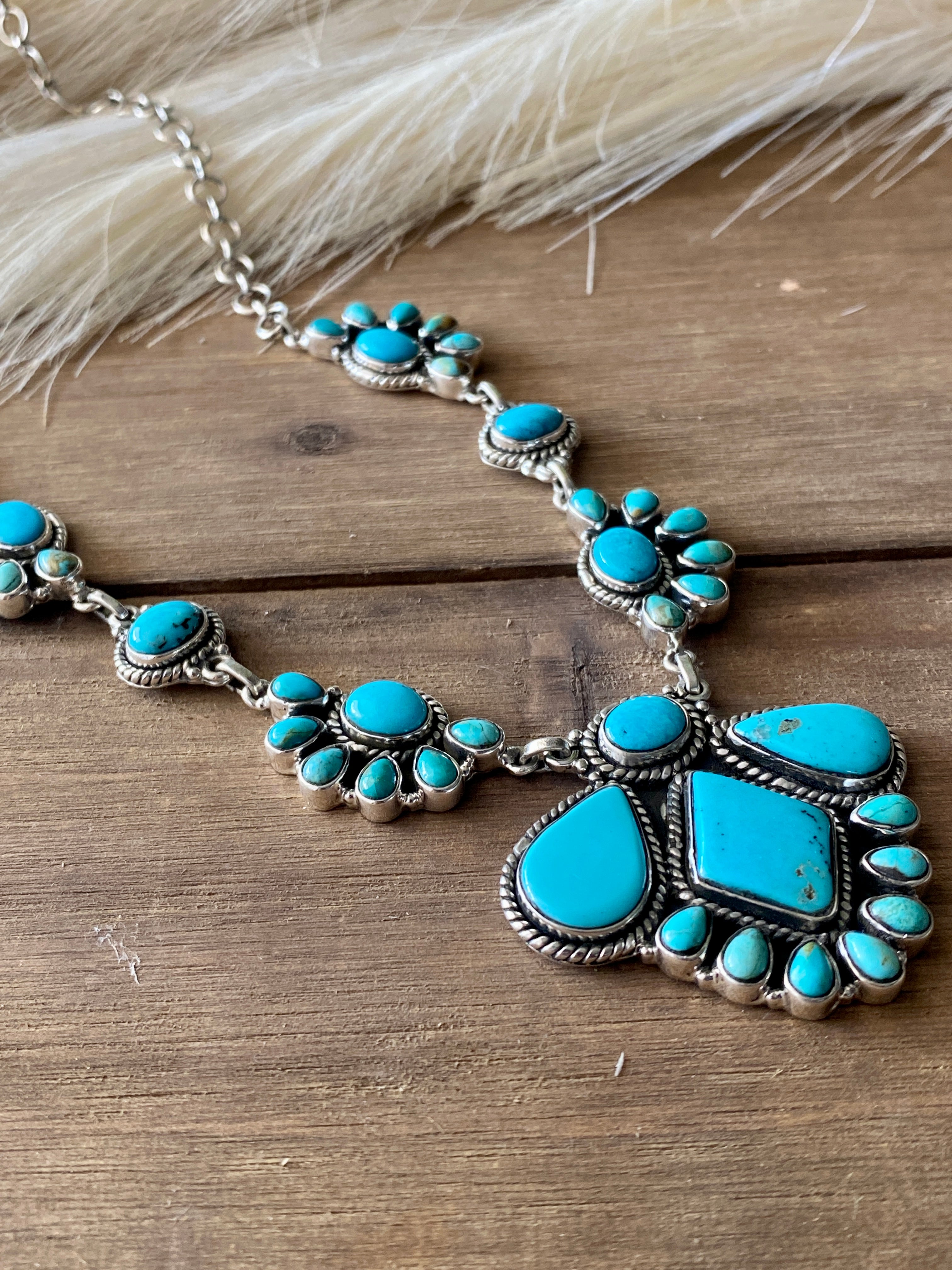 Southwest Handmade Kingman Turquoise & Sterling Silver Cluster Necklace