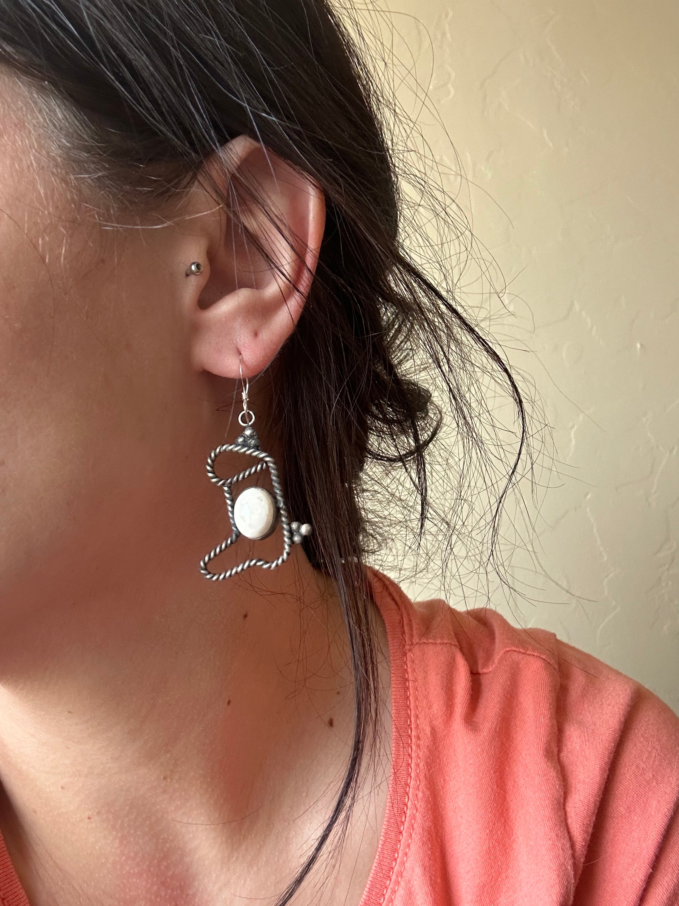 Navajo Made White Buffalo & Sterling Silver Dangle Cowboy Boot Earrings