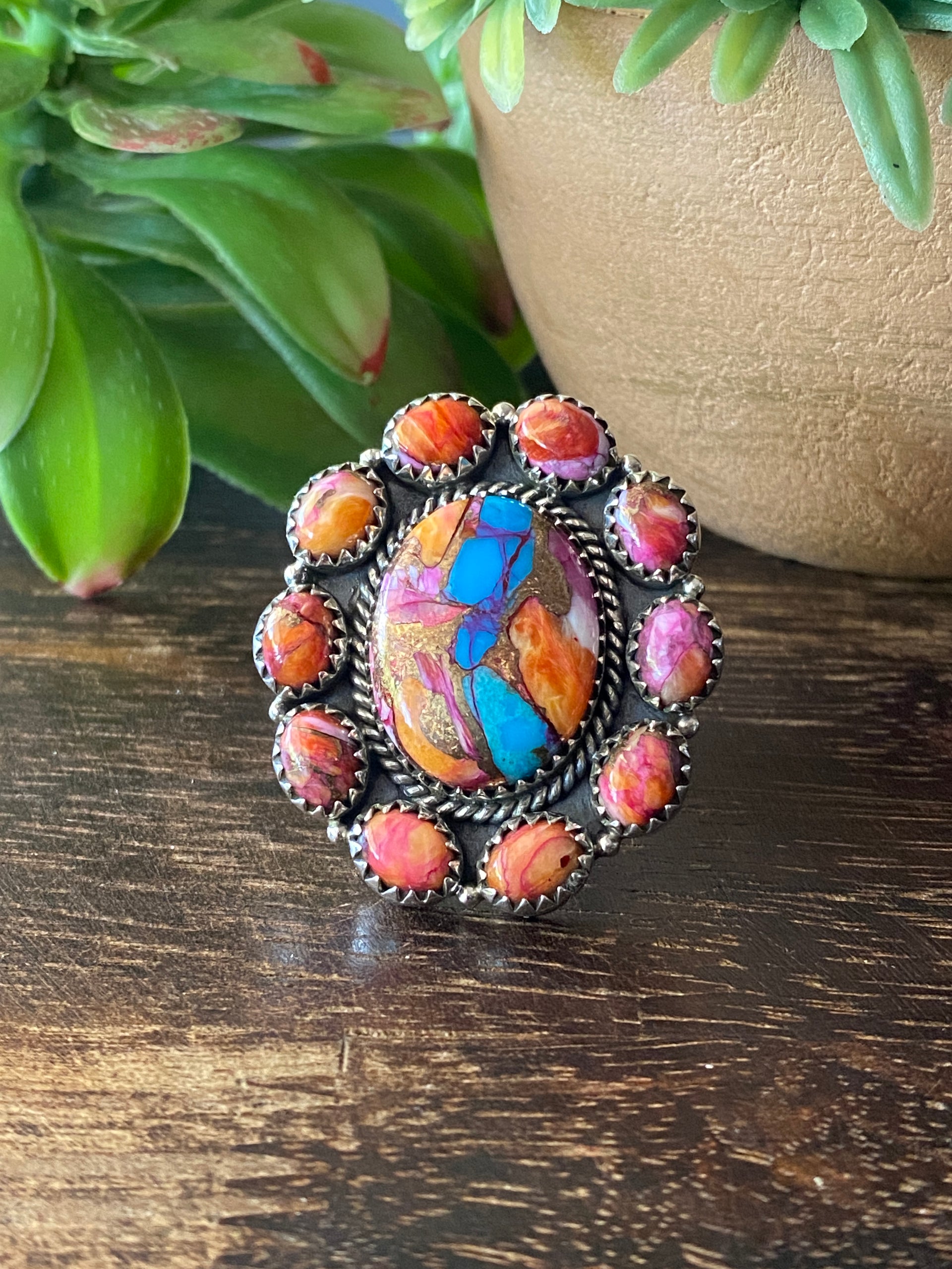 Southwest Handmade Multi Stone & Sterling Silver Adjustable Cluster Ring