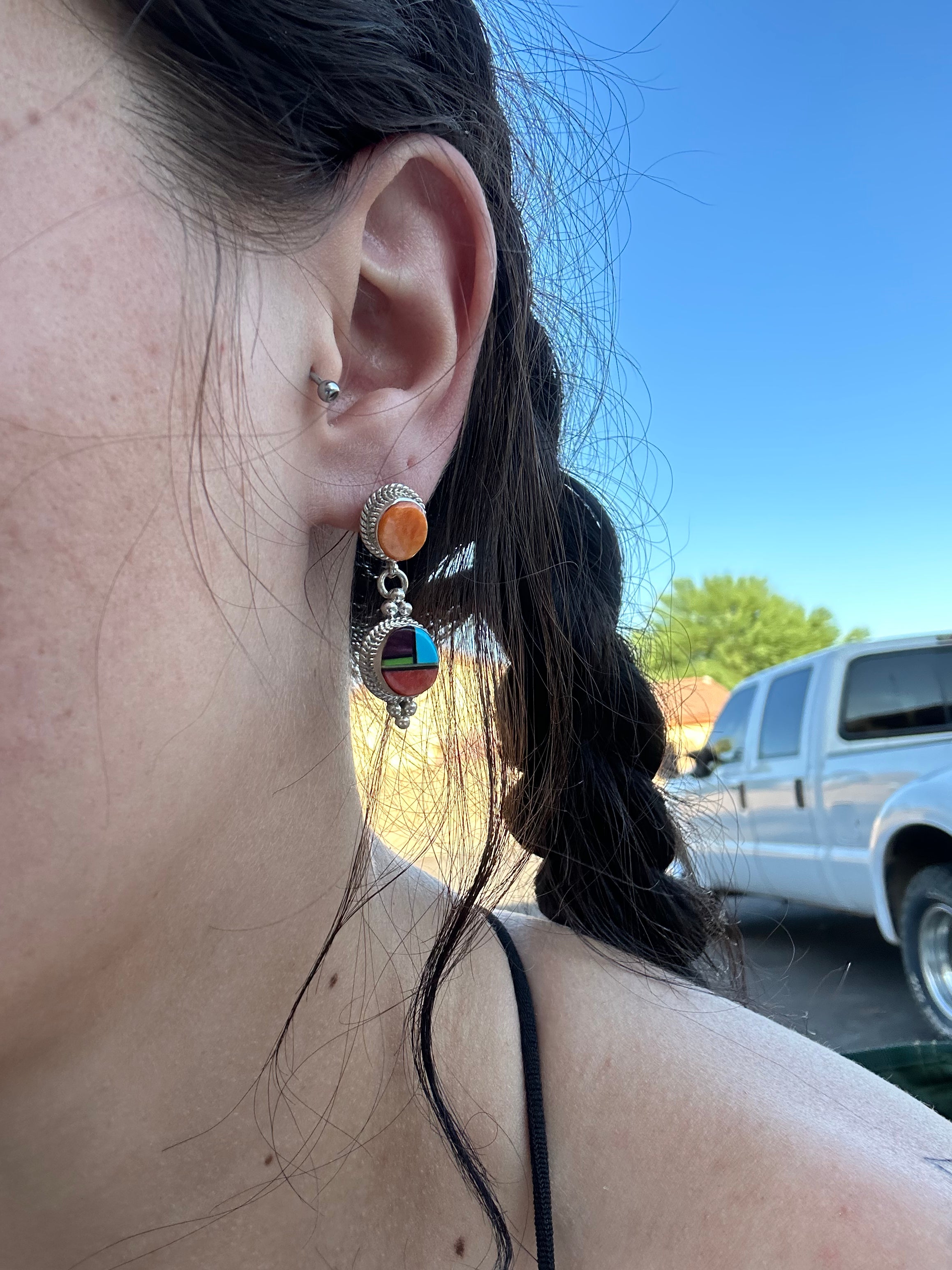 Navajo Made Multi Stone & Sterling Silver Post Dangle Earrings