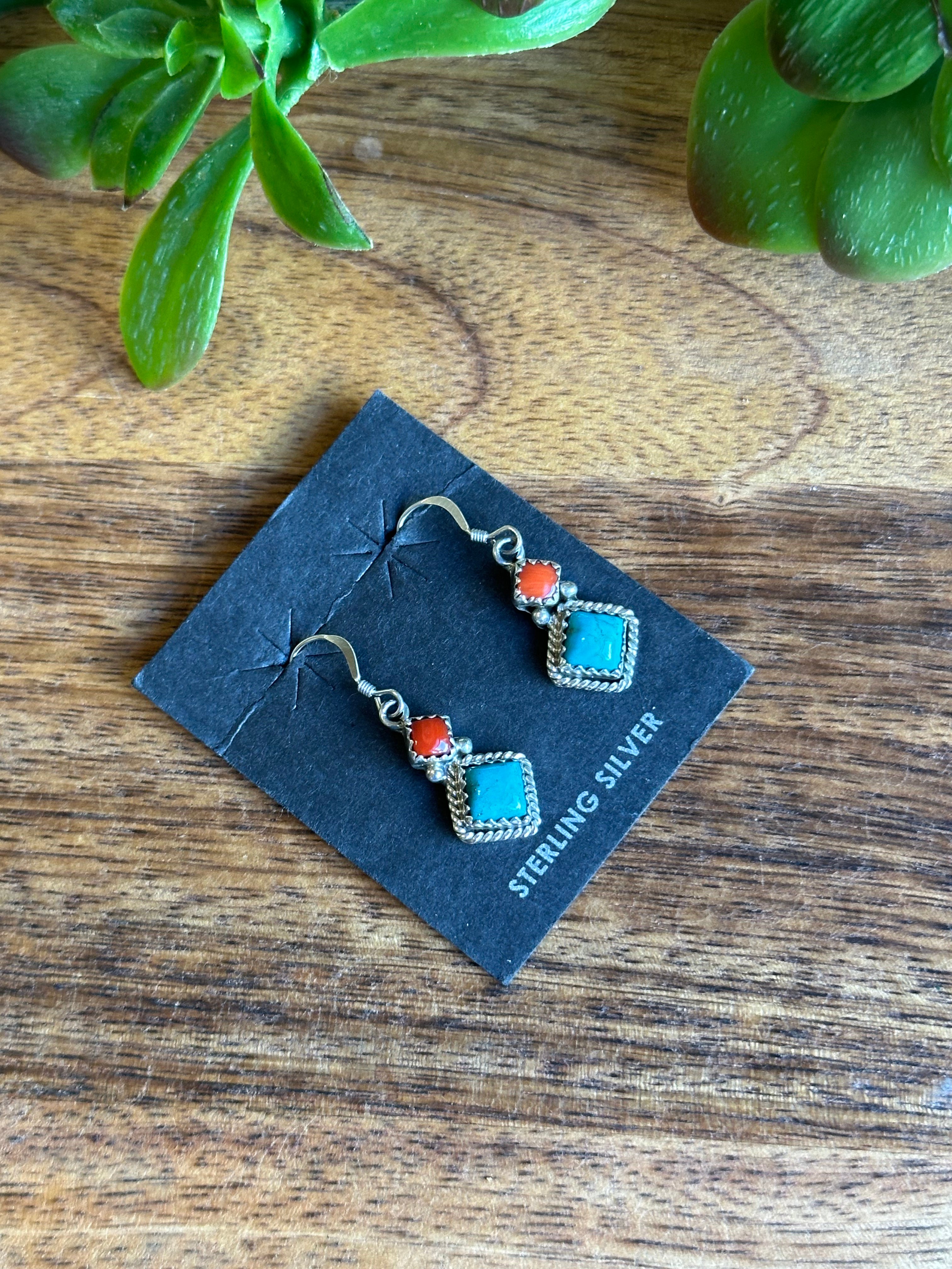 Navajo Made Multi Stone & Sterling Silver Dangle Earrings